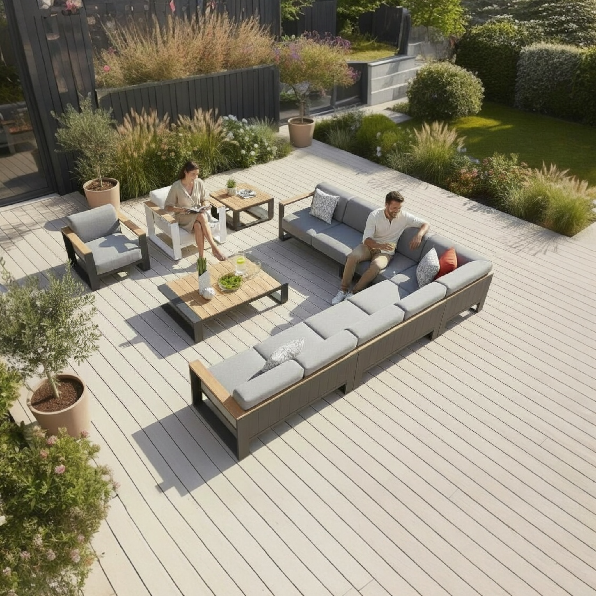 Grand salon de jardin d'angle en aluminium et en teck haut de gamme - SOFY PLUS