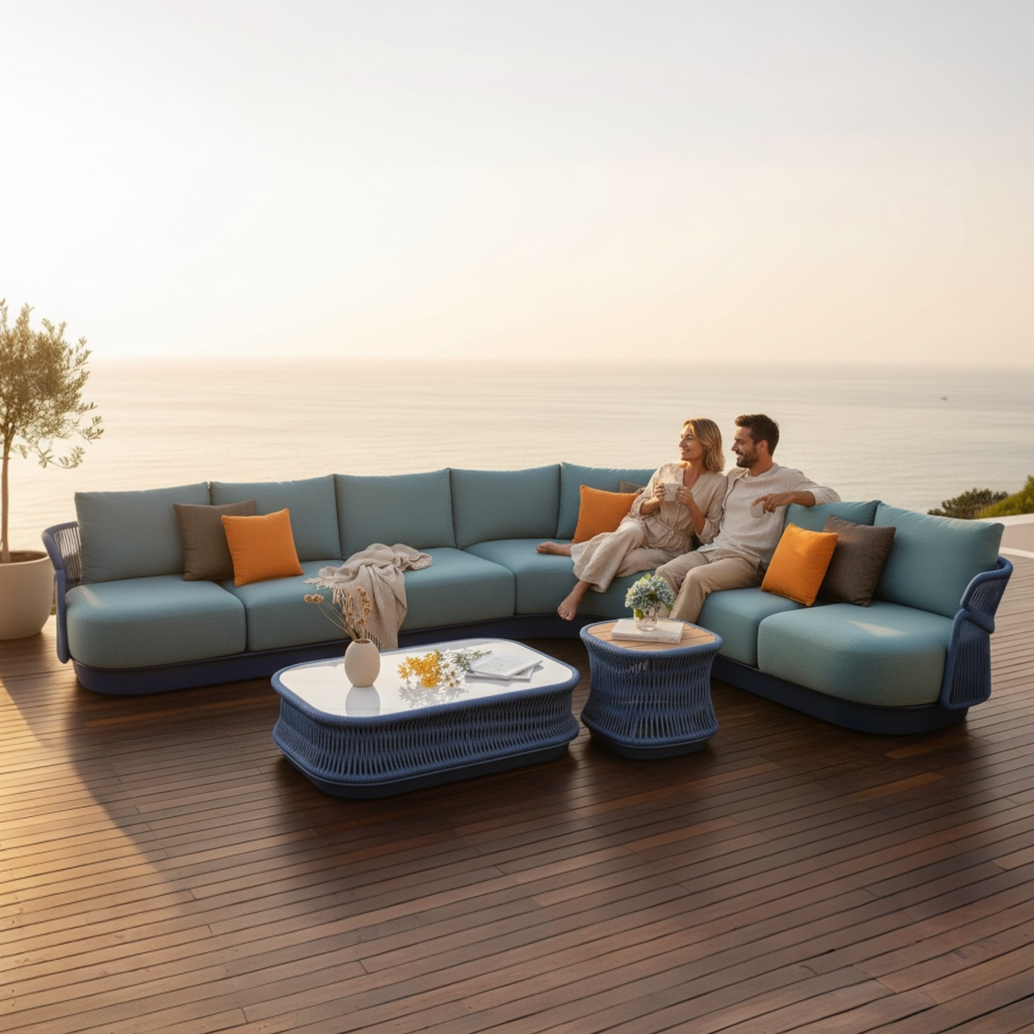 Grand salon de jardin design luxe en aluminium et en corde tressée - LASKA ANGLE