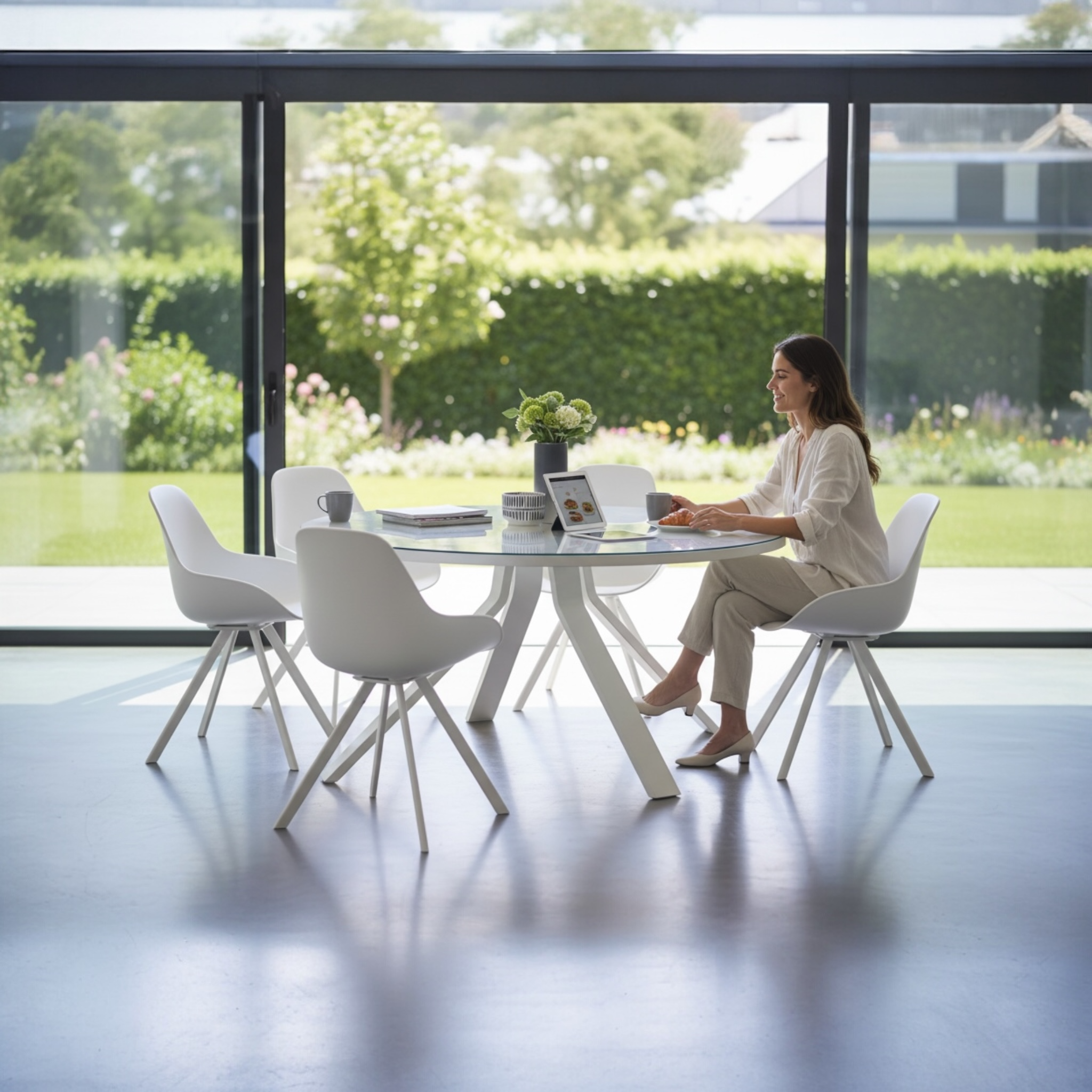 Table ronde en aluminium blanc avec plateau verre - MONDO