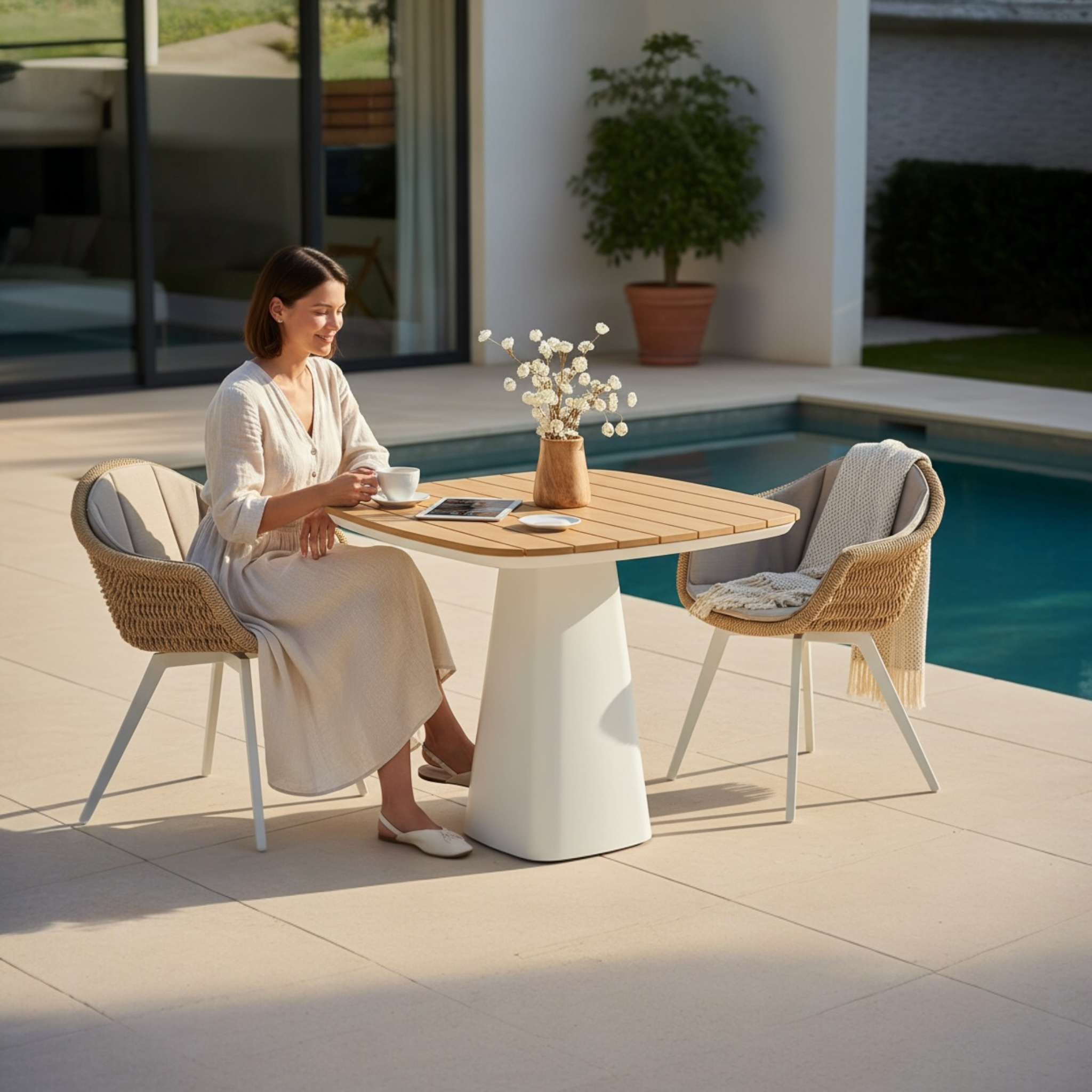 Table repas carré haut de gamme en aluminium - avec plateau teck - MILO