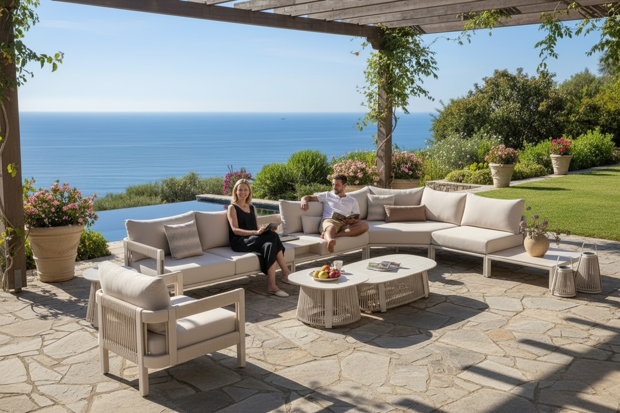 Grand salon d'angle extérieur design en aluminium et corde - MILAN