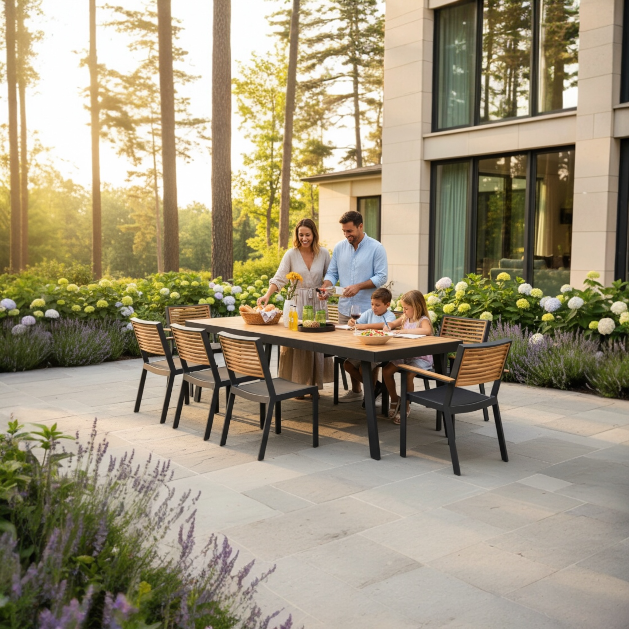 Ensemble repas de jardin aluminium et en teck 10 PLACES - YORK NOIR