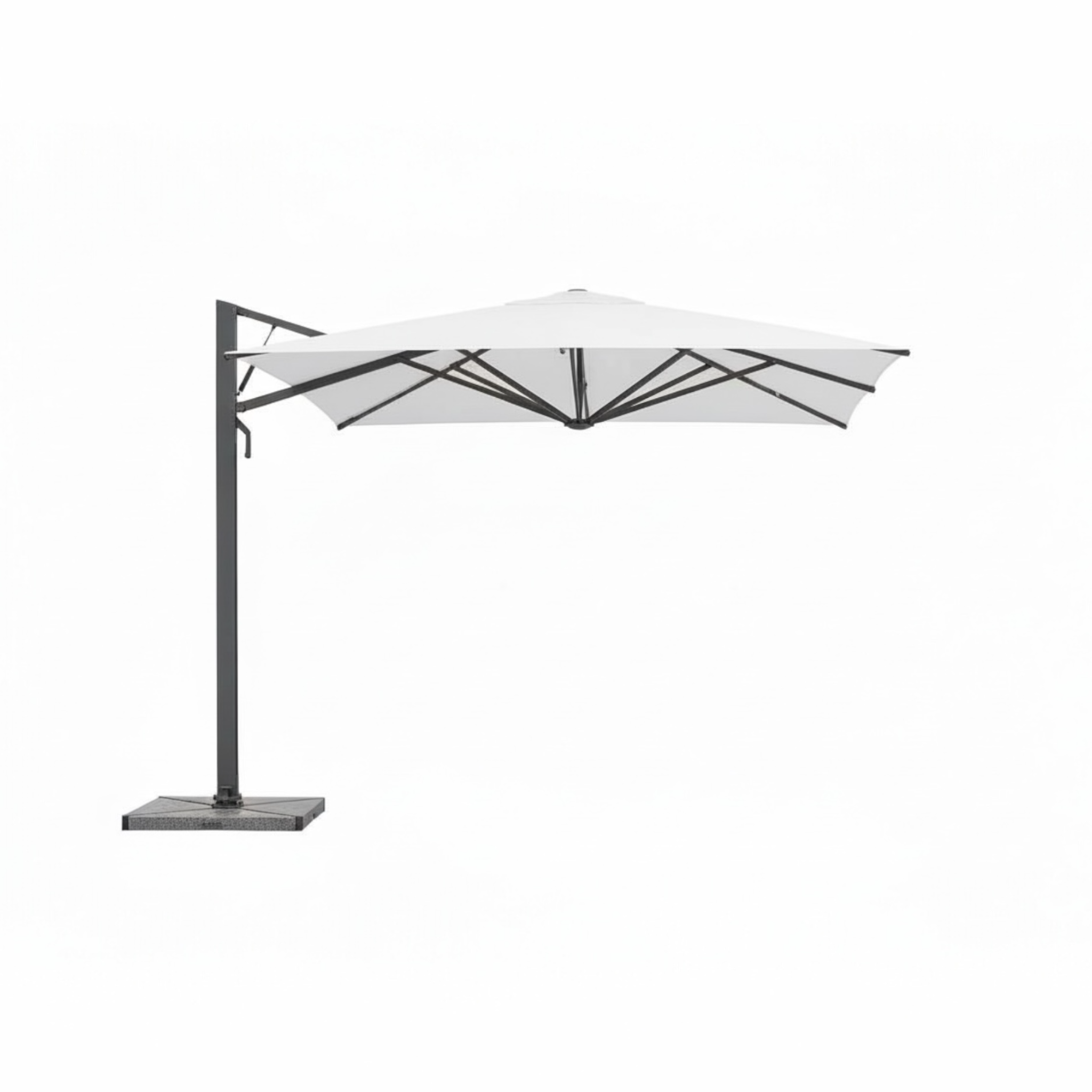 Parasol déporté gris en aluminium avec toile blanche en tissu acrylique, design contemporain et élégant, structure robuste.