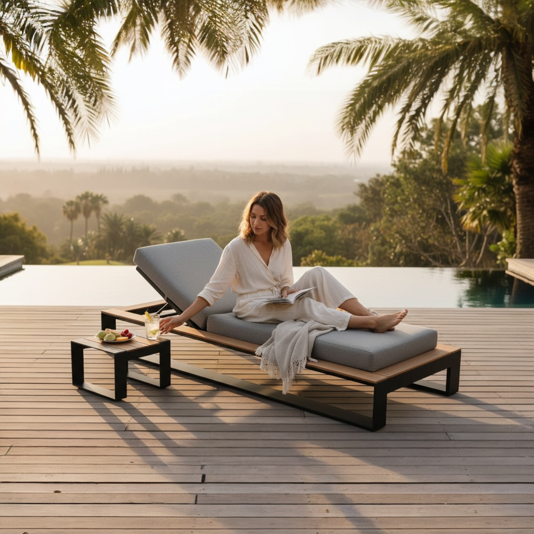 Bain de soleil haut de gamme en aluminium et en teck - SOFY