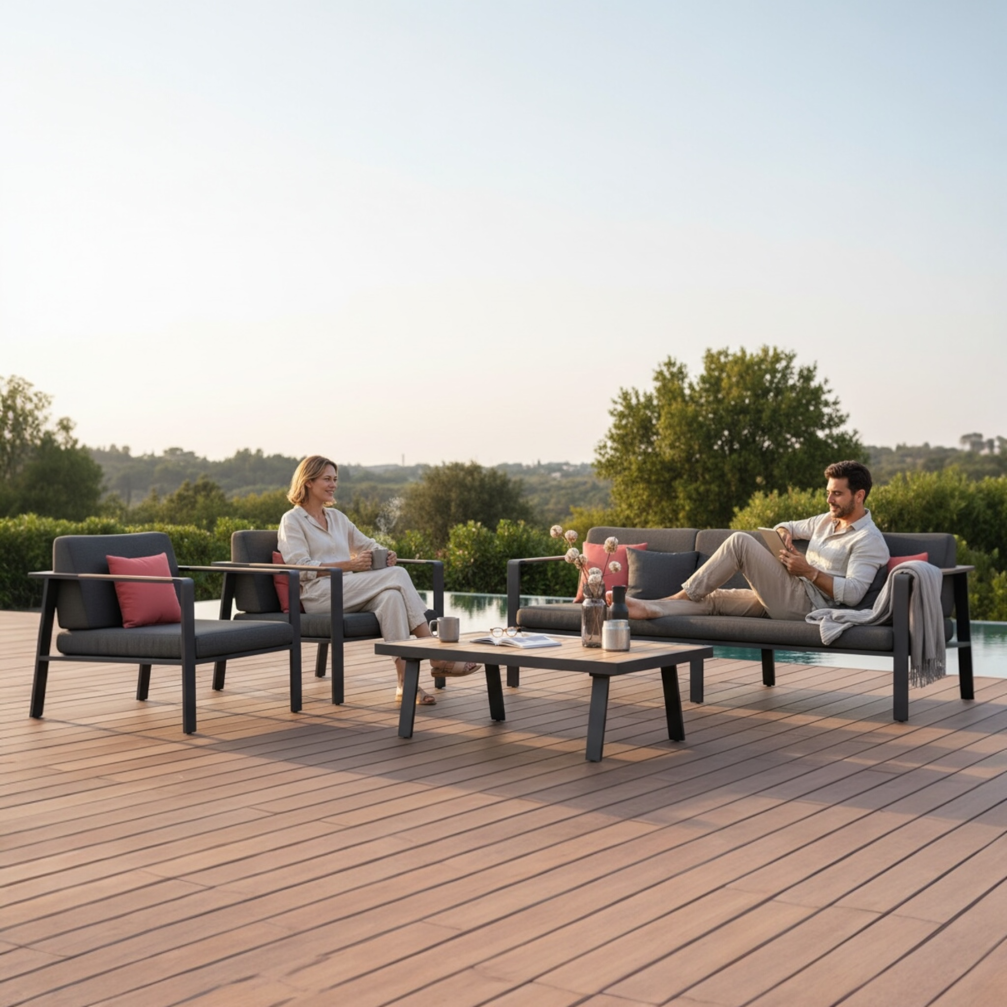 Salon de jardin en aluminium et en teck 5 places - NOFFY PLUS NOIR