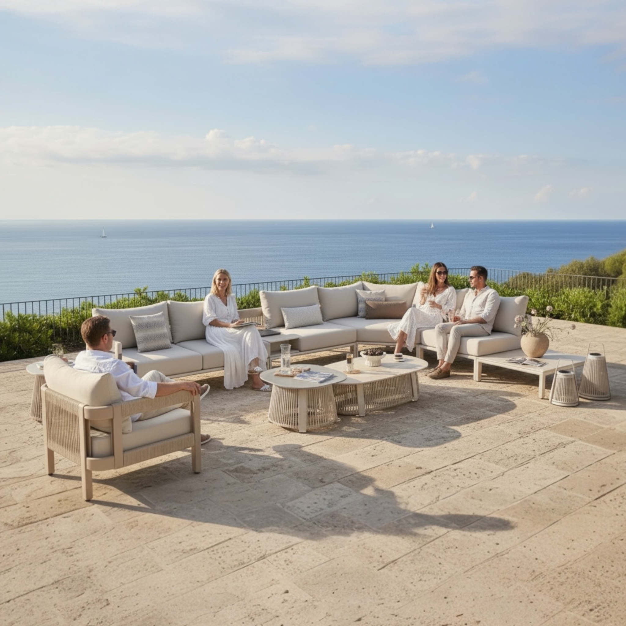 Grand salon d'angle extérieur design en aluminium et corde - MILAN