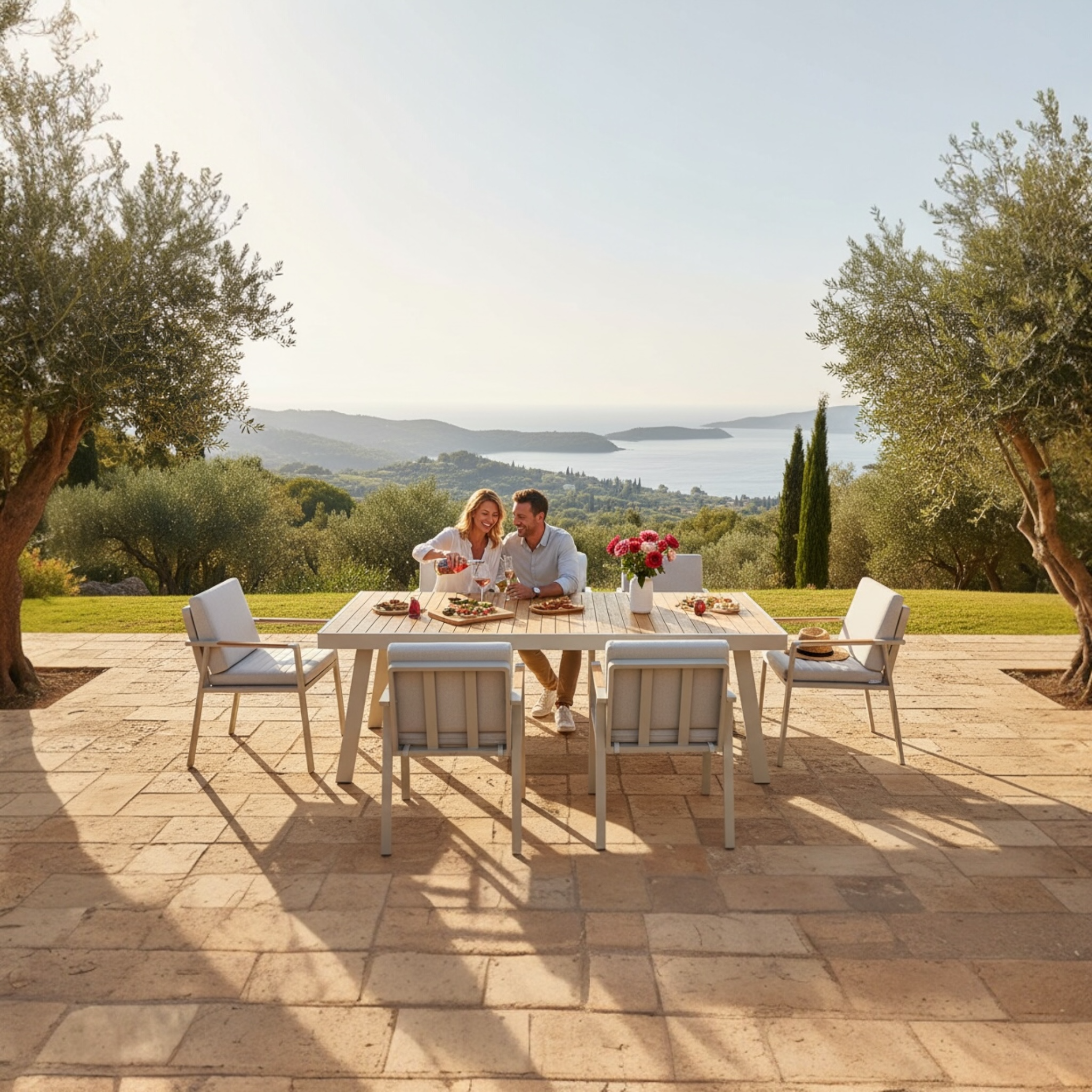 Ensemble repas jardin aluminium et bois teck 8 places haut de gamme - NOFFY