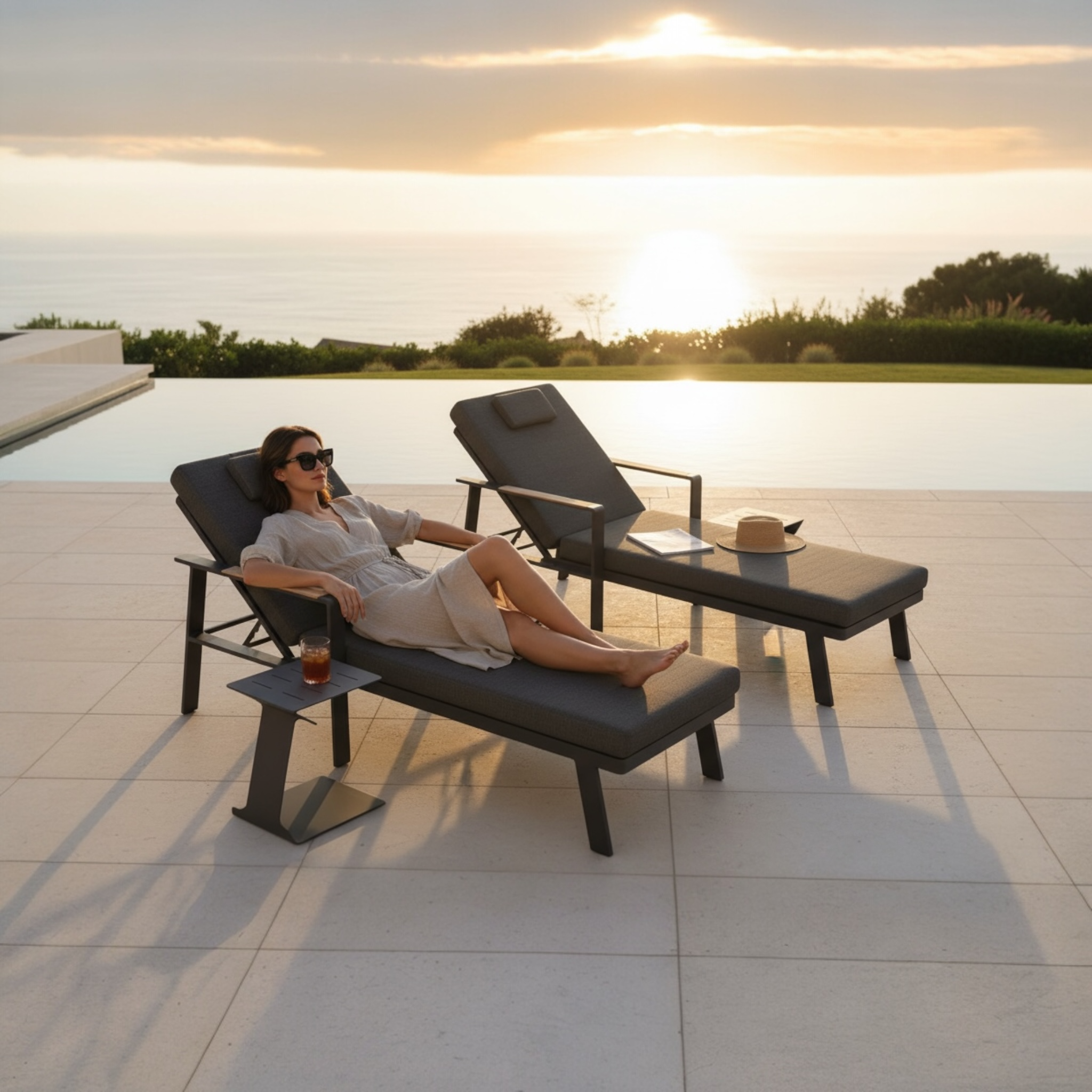 Duo de bains de soleil aluminium et bois teck - NOFFY NOIR