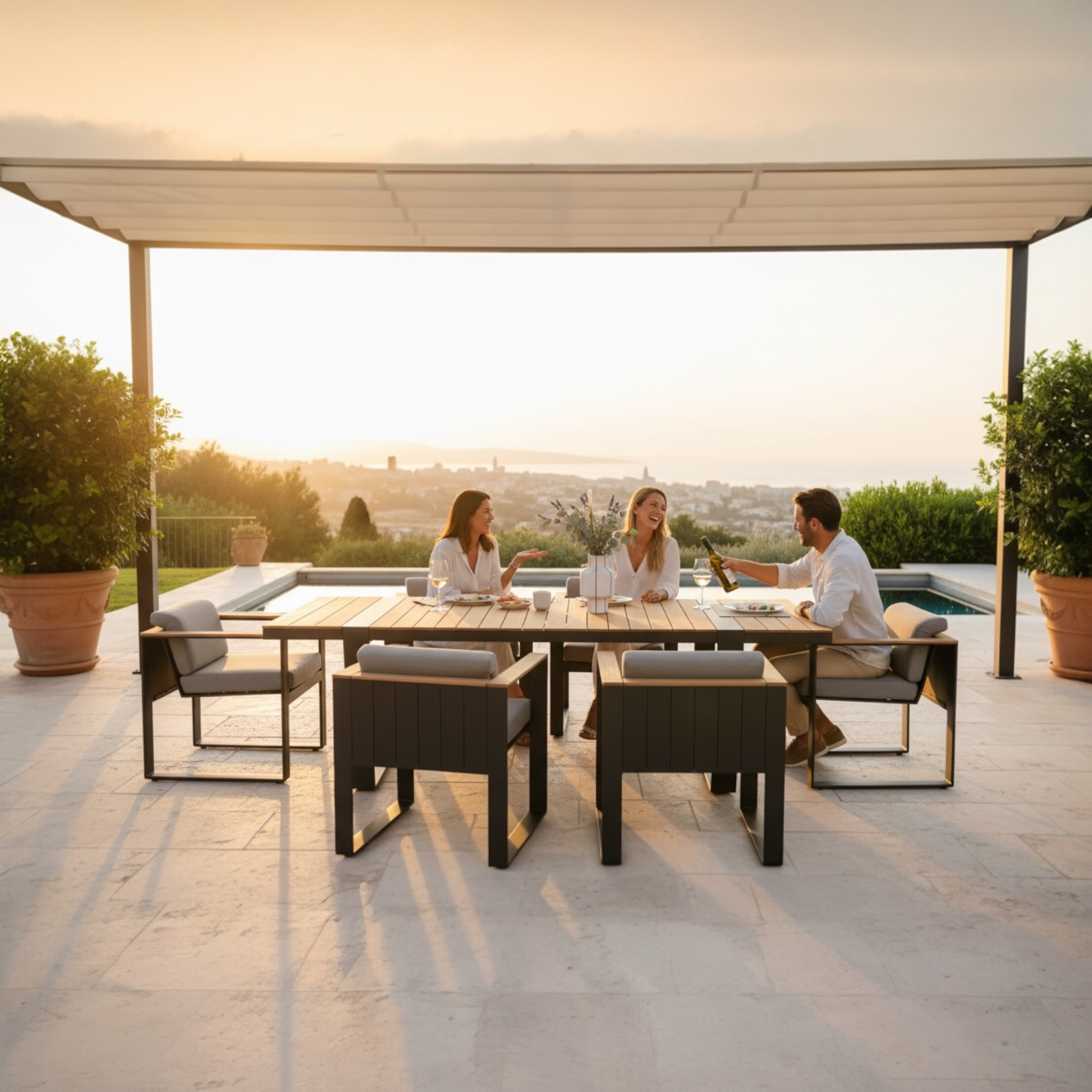 Ensemble repas de jardin haut de gamme aluminium et teck - SOFY