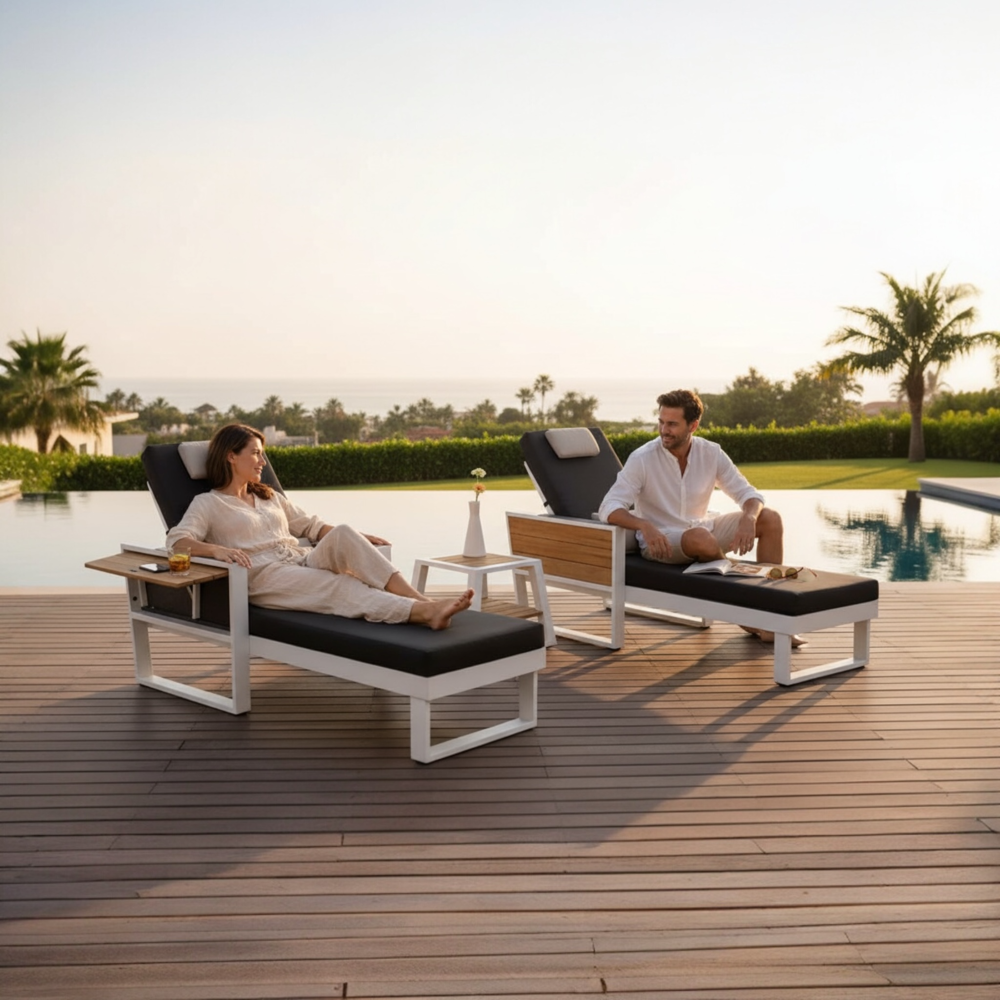 Duo de bains de soleil en aluminium et en teck - YORK COUSSIN NOIR