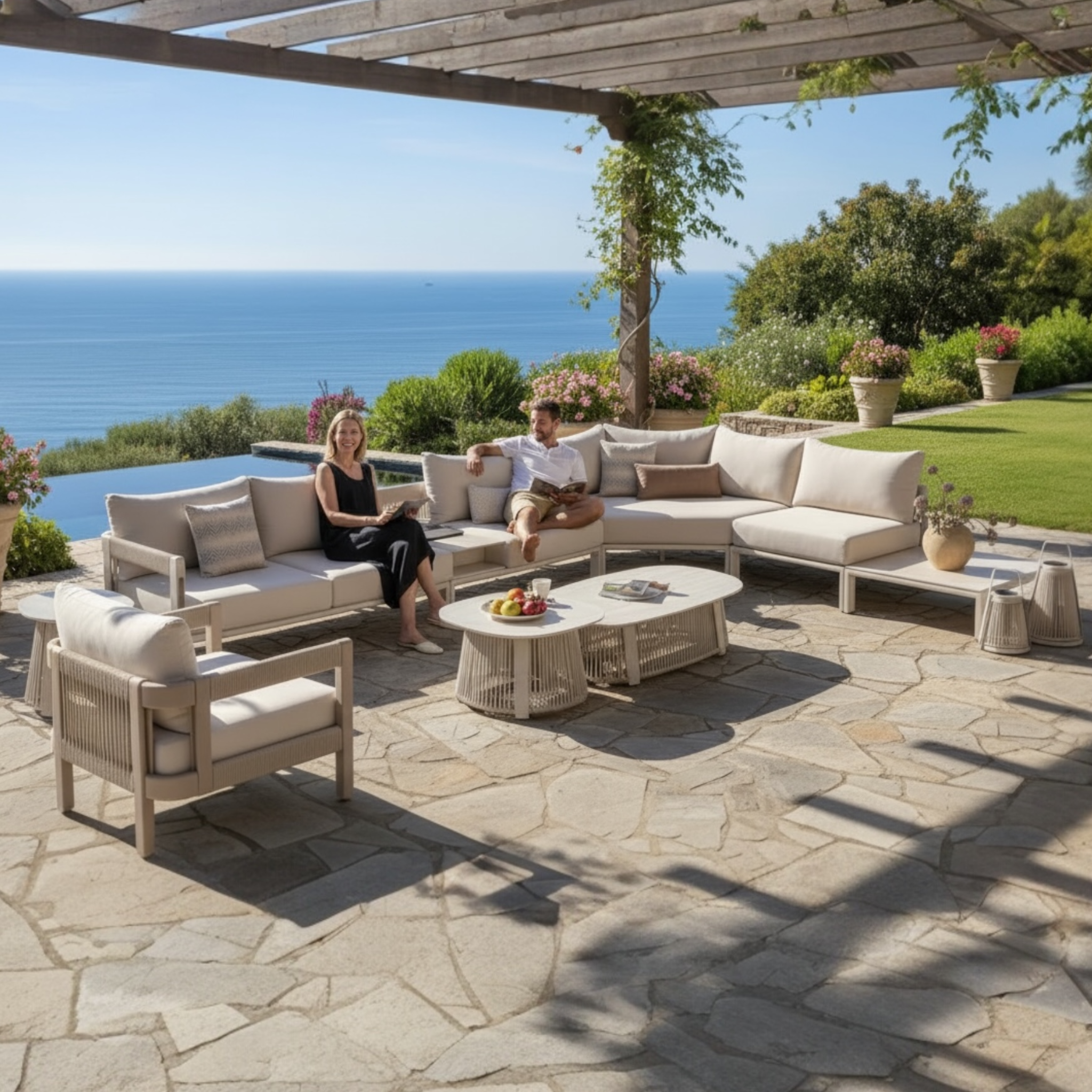 Grand salon d'angle extérieur design en aluminium et corde - MILAN