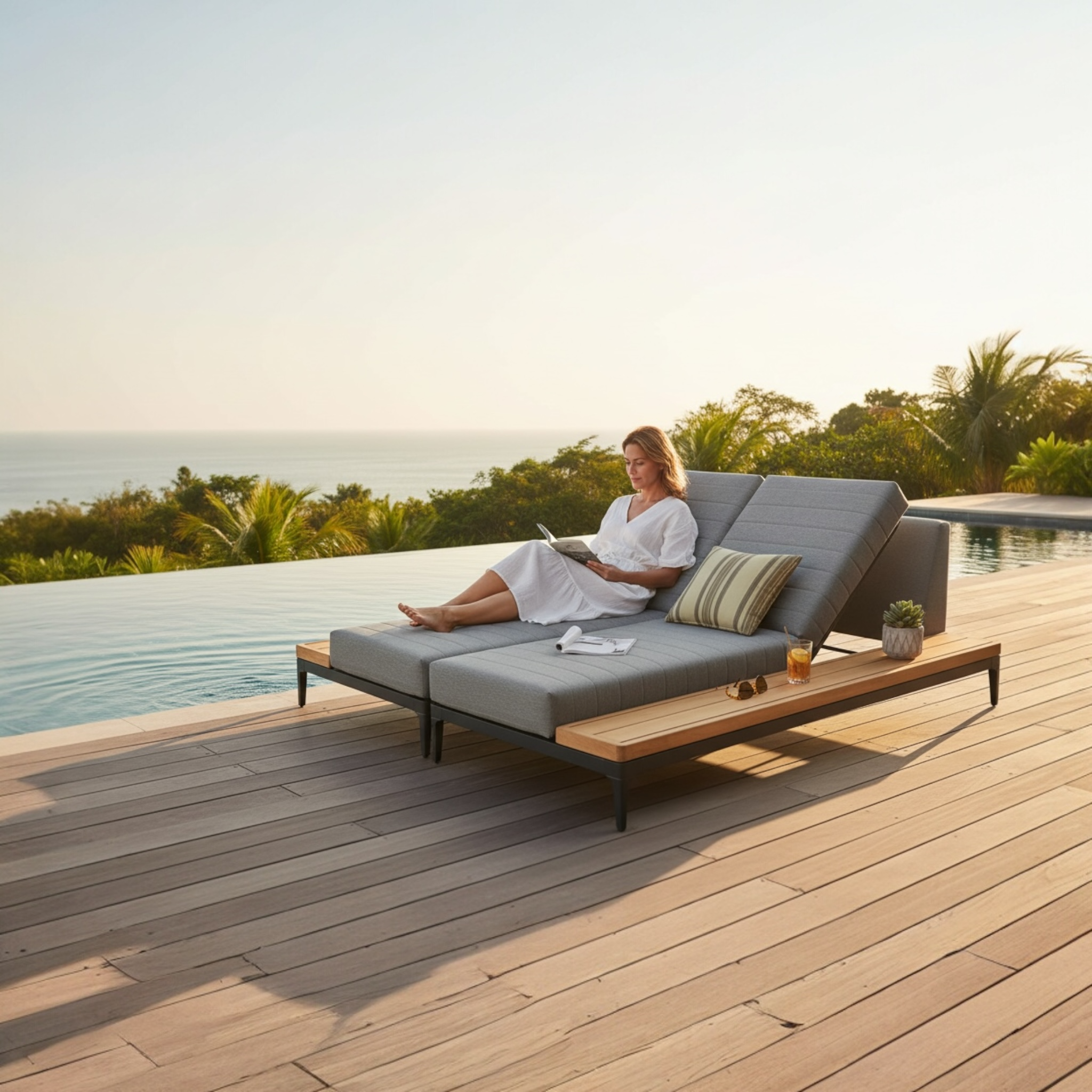 Double bain de soleil design 2 personnes en aluminium et en teck - SIRA