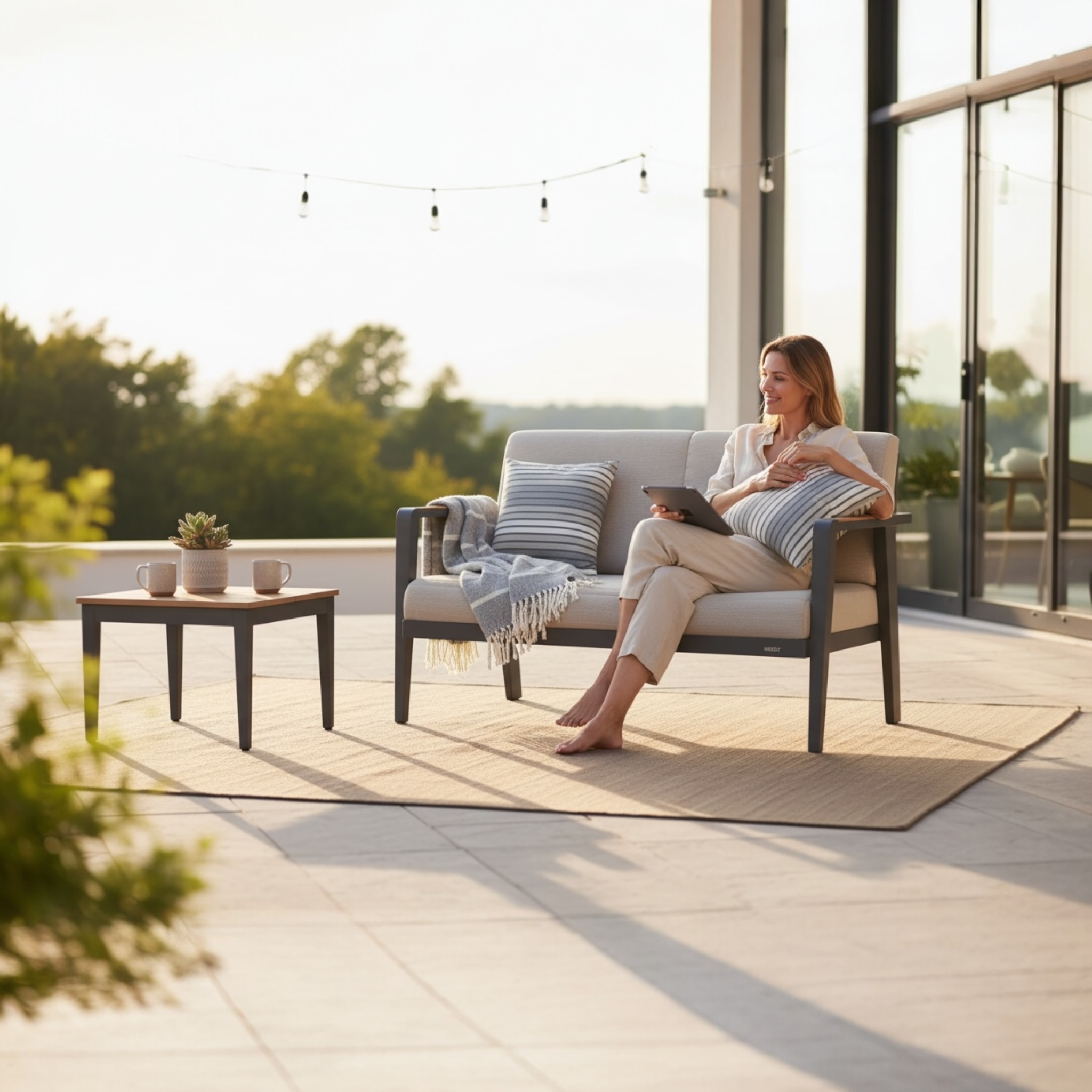 Canapé 2 places de jardin en aluminium et en teck - LOVY