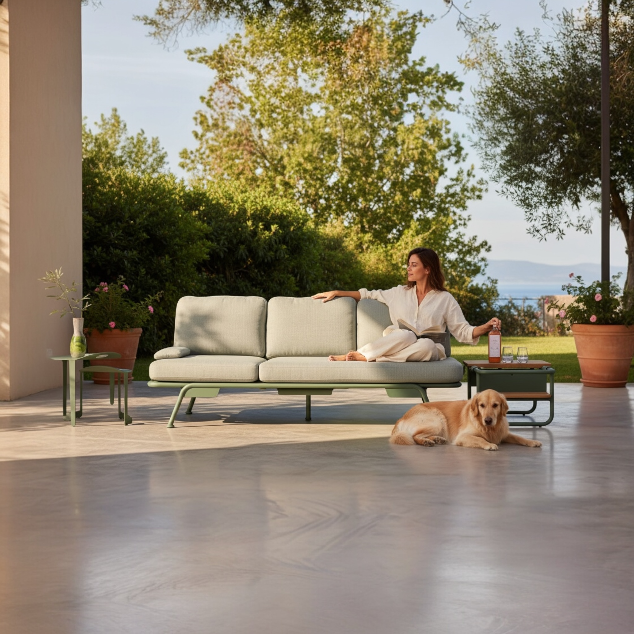 Salon modulable Sunny en aluminium vert mat, coussins crème épais, design belge élégant au style méditerranéen, ambiance.