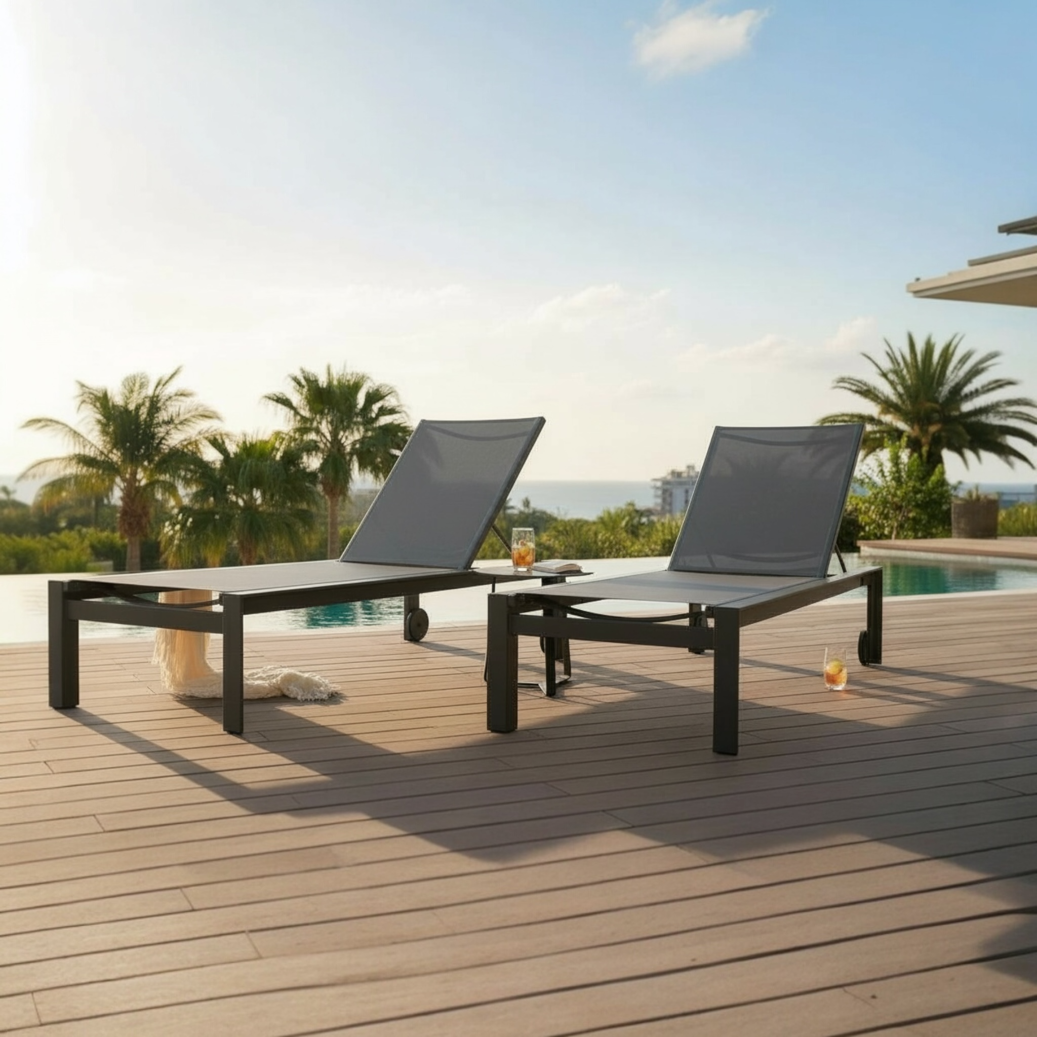 Duo de bains de soleil en aluminium + table basse - NICKY NOIR