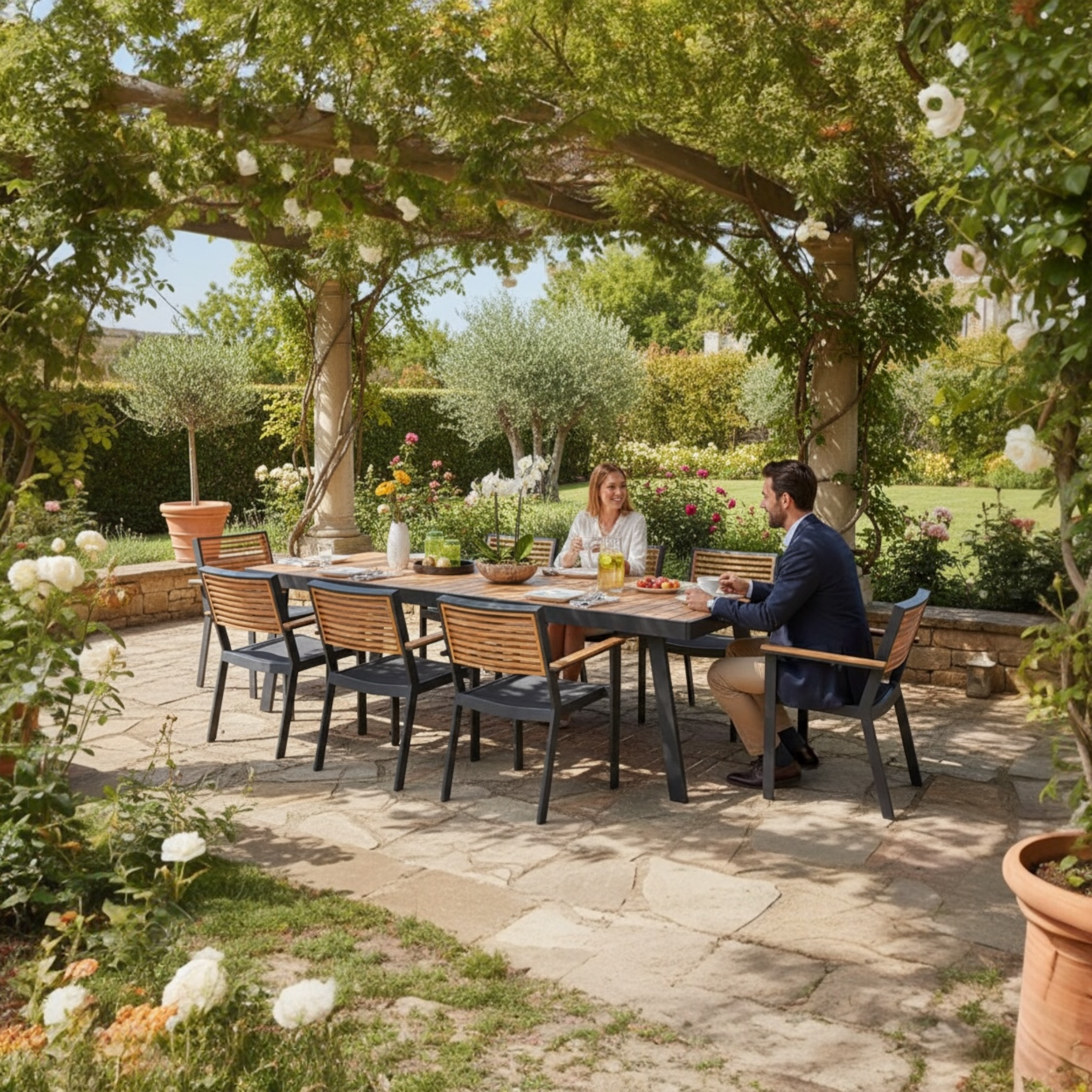 Ensemble table de jardin en teck york repas noir