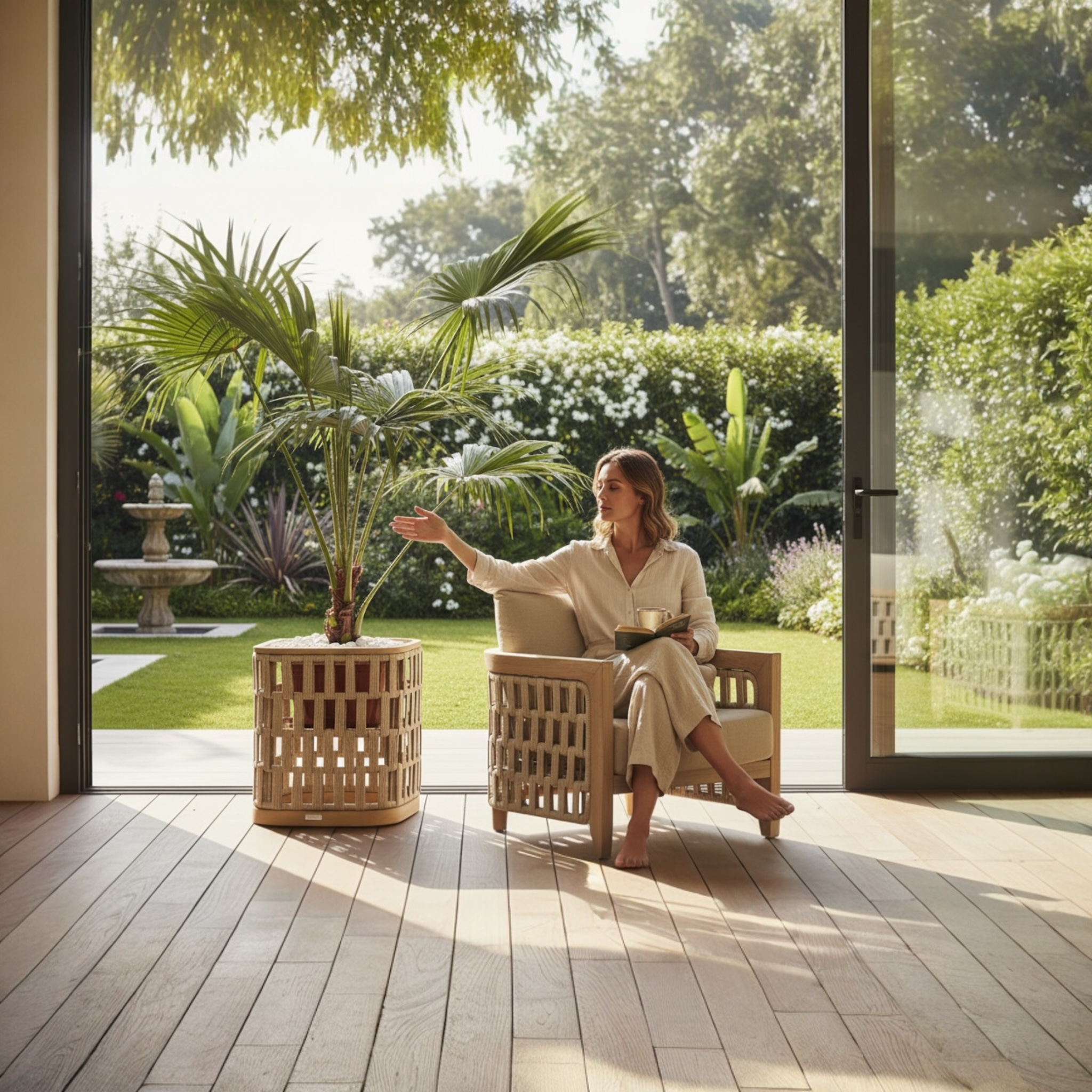 Fauteuil d’extérieur en teck FSC avec coussin déhoussable en fibre acrylique déperlant, design luxe méditerranéen.