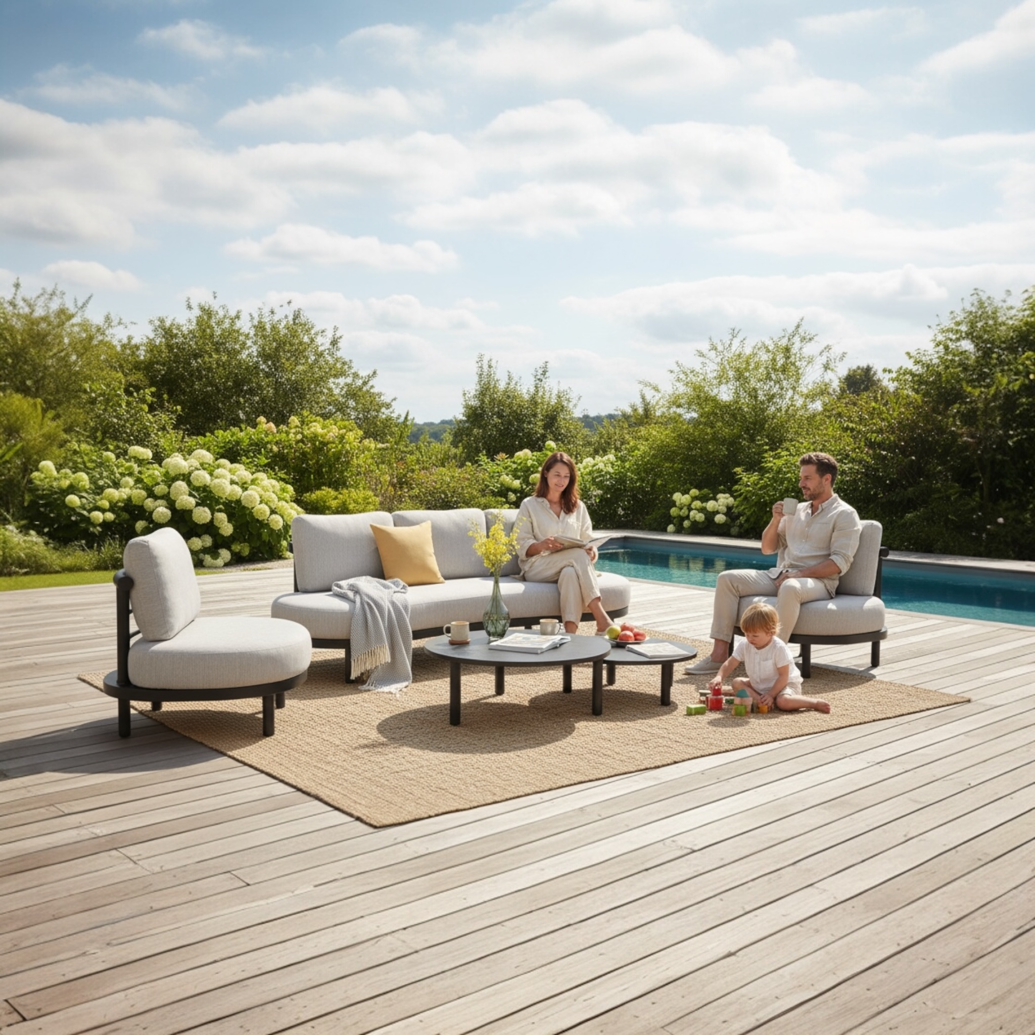 Canapé de jardin confortable en aluminium gris