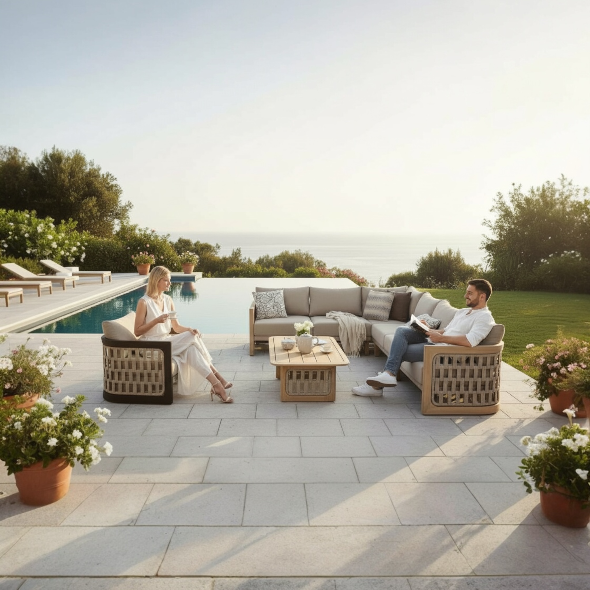 Mobilier de jardin luxe en teck et en corde - PALMA ANGLE