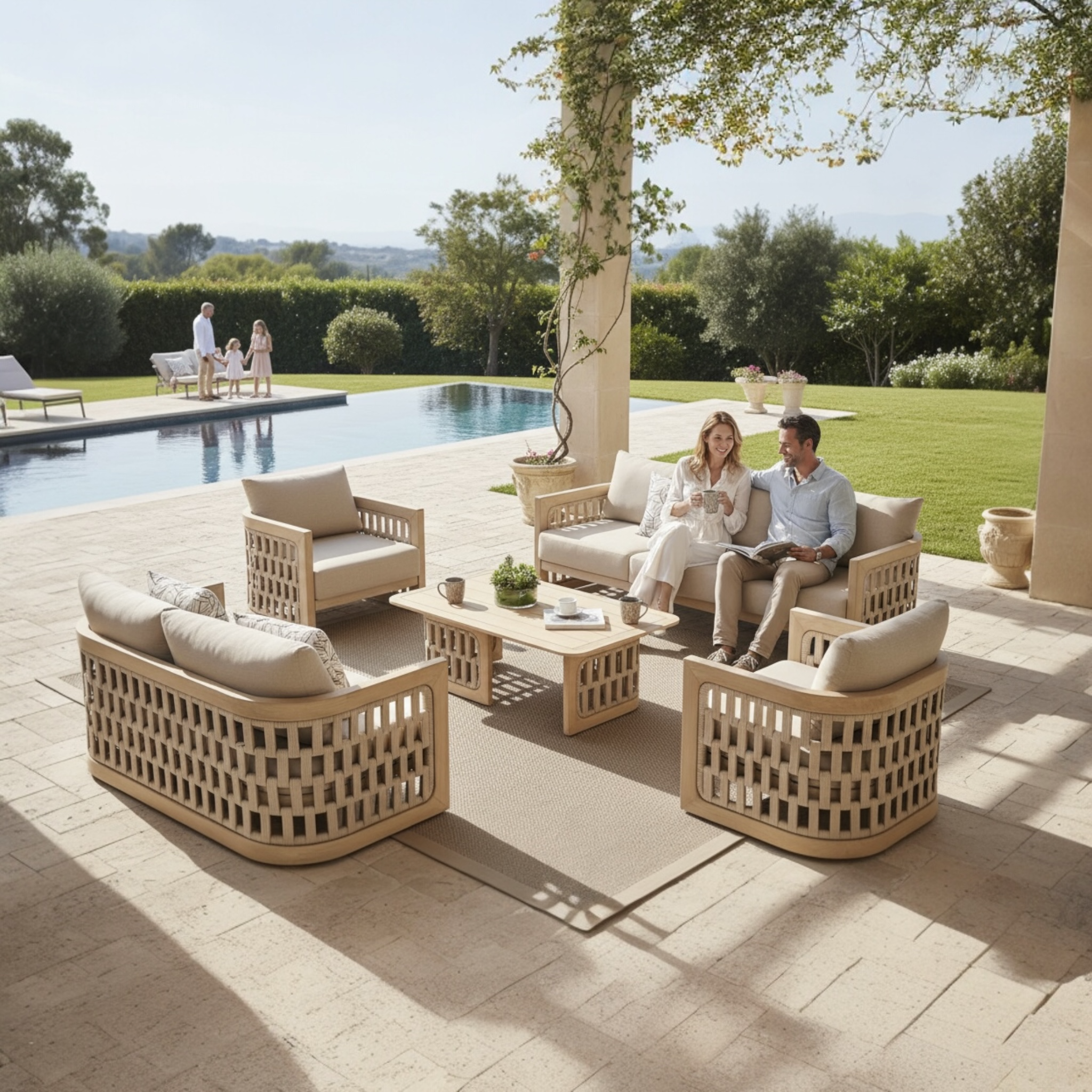Grand salon de jardin luxe en teck et en corde 7 places - PALMA XL