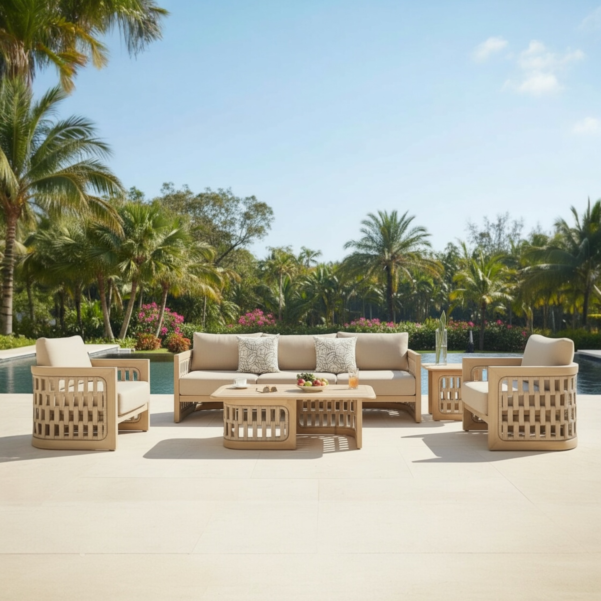 Mobilier de jardin luxe 5 places en teck FSC naturel avec structure en corde tressée déperlante, coussins fibre acrylique.