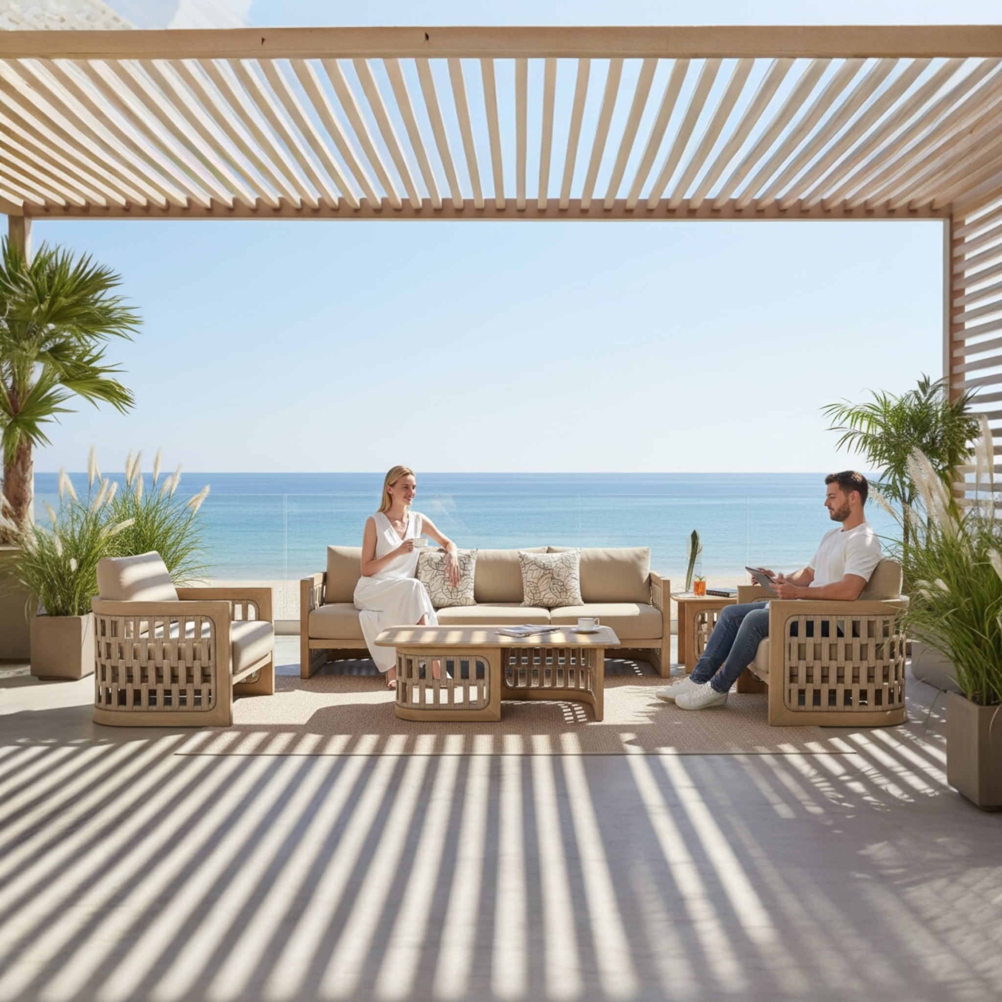 Mobilier de jardin luxe en teck FSC avec coussins déhoussables en fibre acrylique déperlante, design méditerranéen élégant.