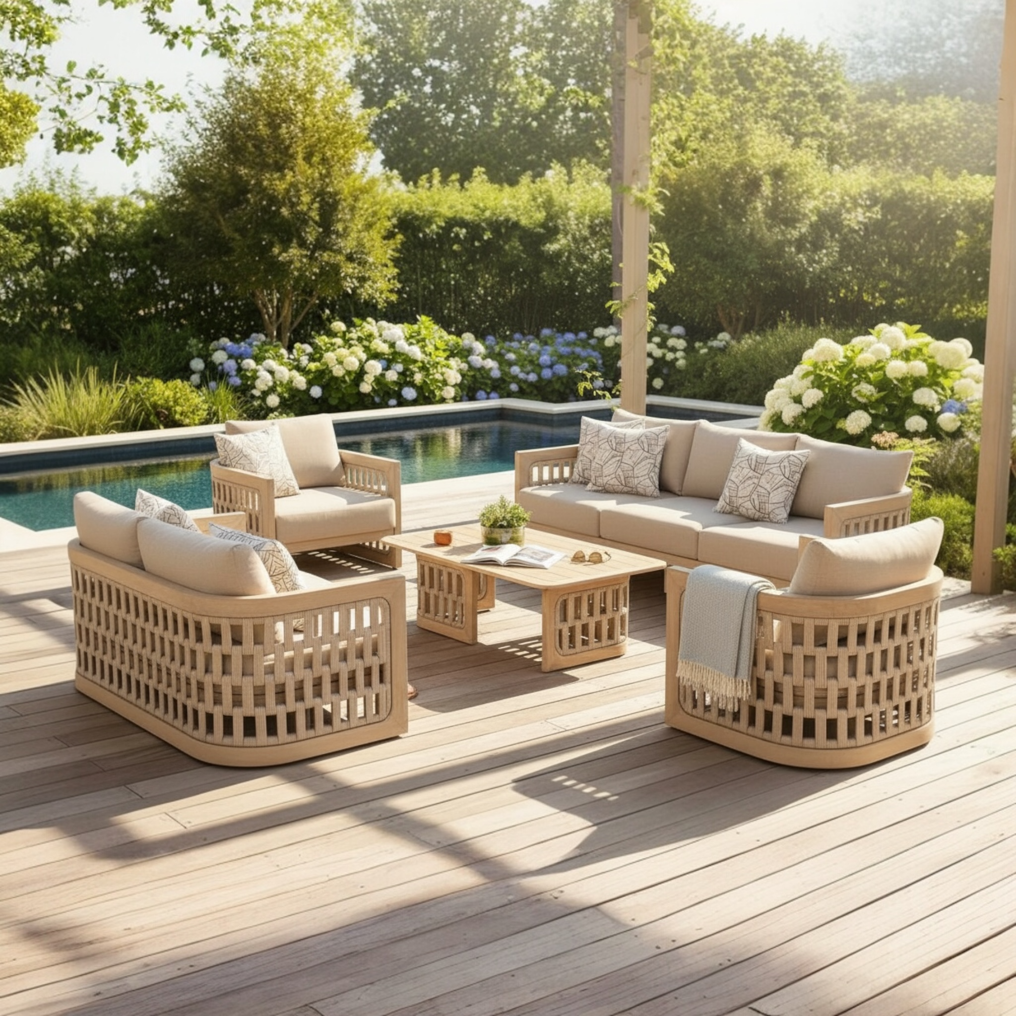 Salon de jardin 7 places luxe en teck FSC et corde beige, coussins déhoussables en fibre acrylique déperlante, design.