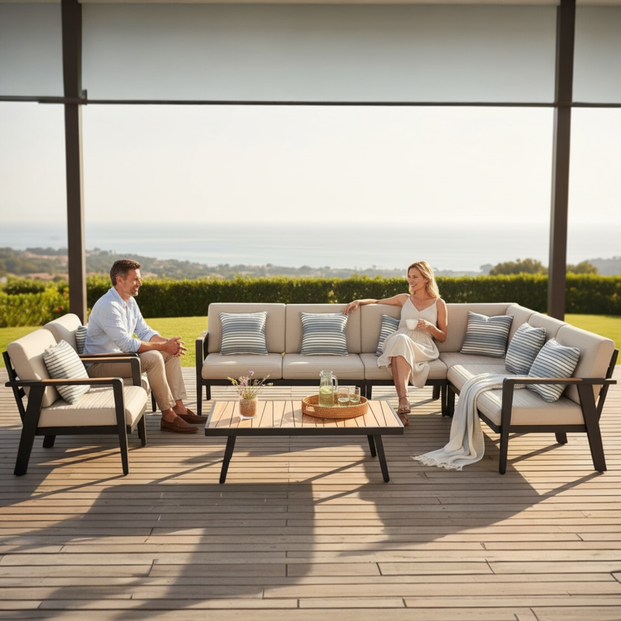 Salon de jardin d'angle en aluminium et en teck - LOVY COSY PLUS