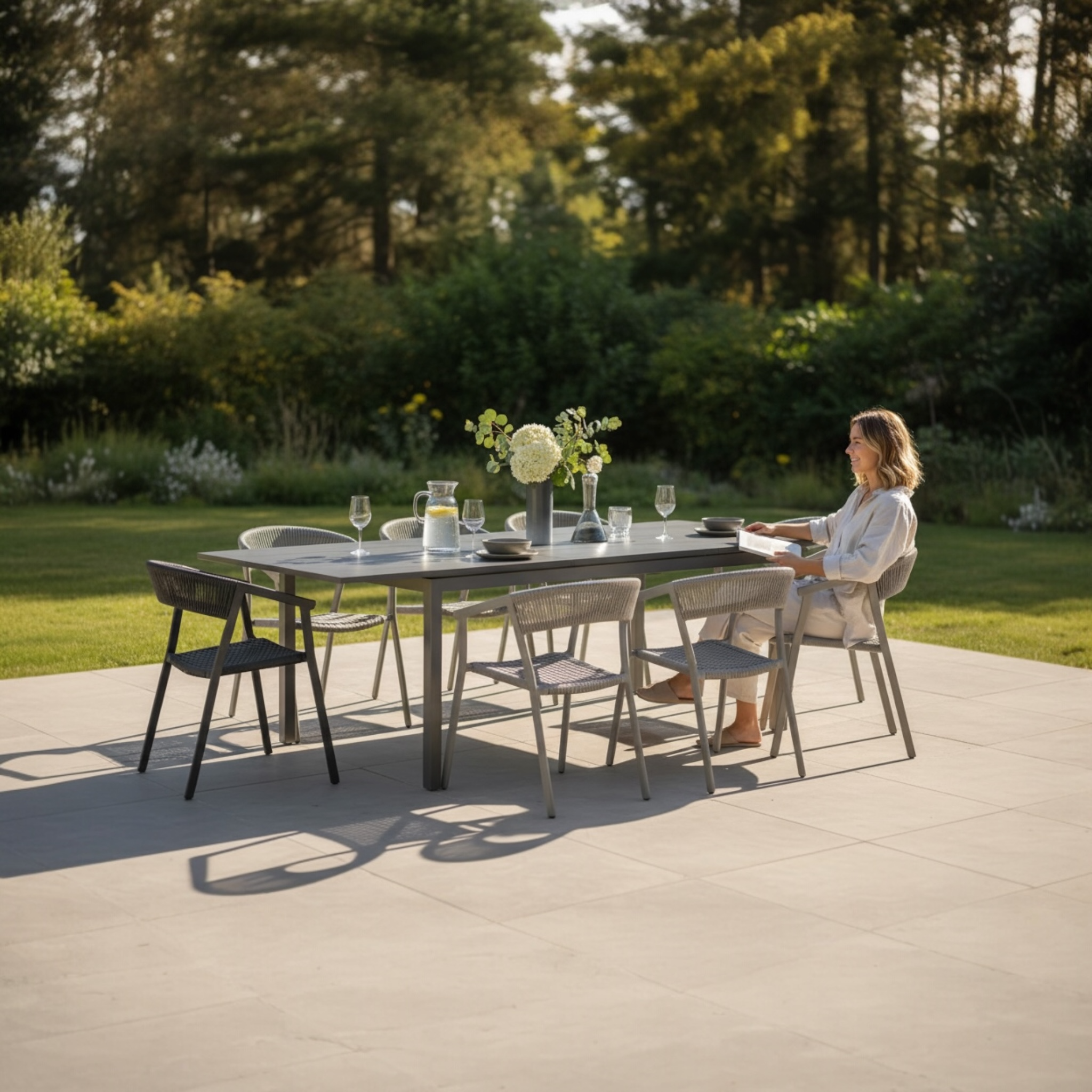 Table extensible en aluminium haut de gamme inoxydable noir, design élégant méditerranéen, gain de place optimal pour grand.
