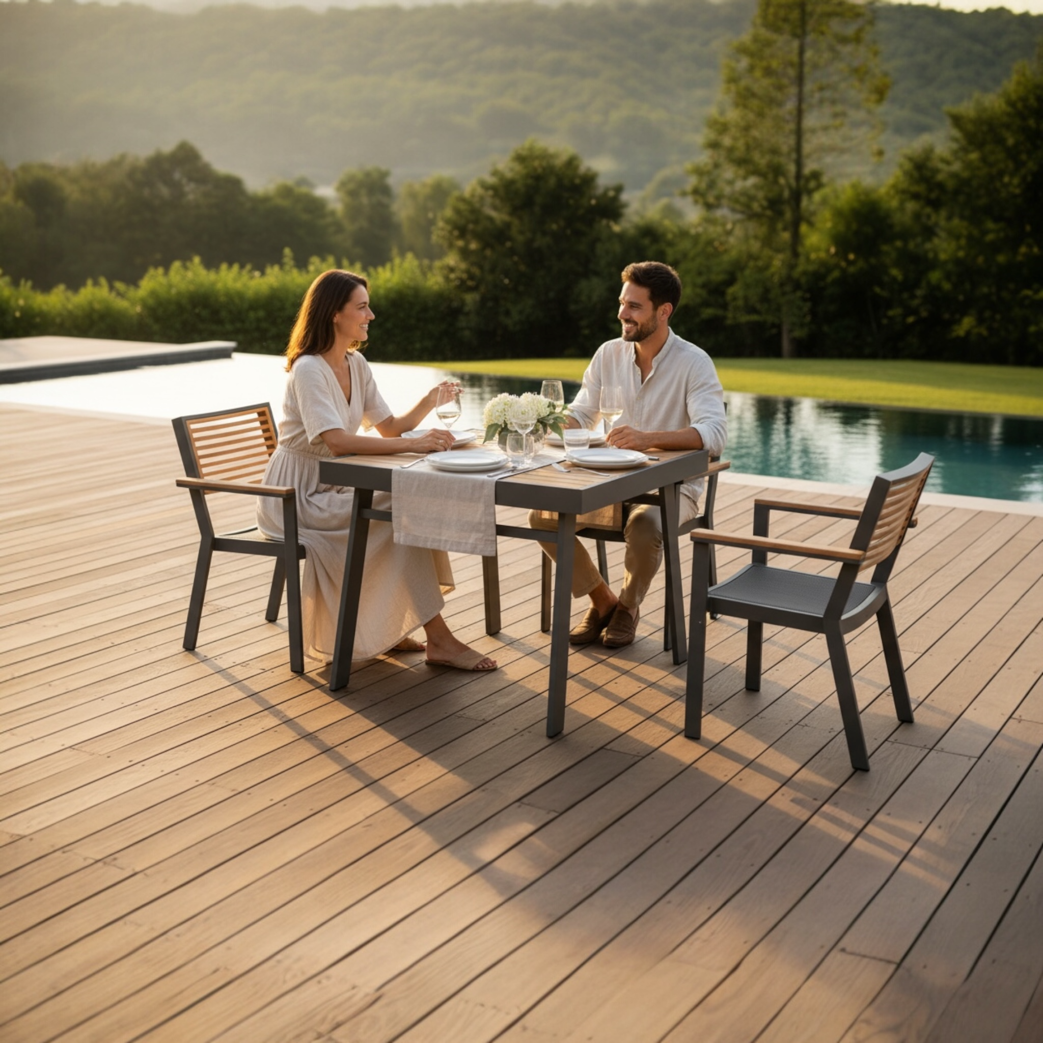 Ensemble table repas en aluminium noir avec plateau en teck - York noir