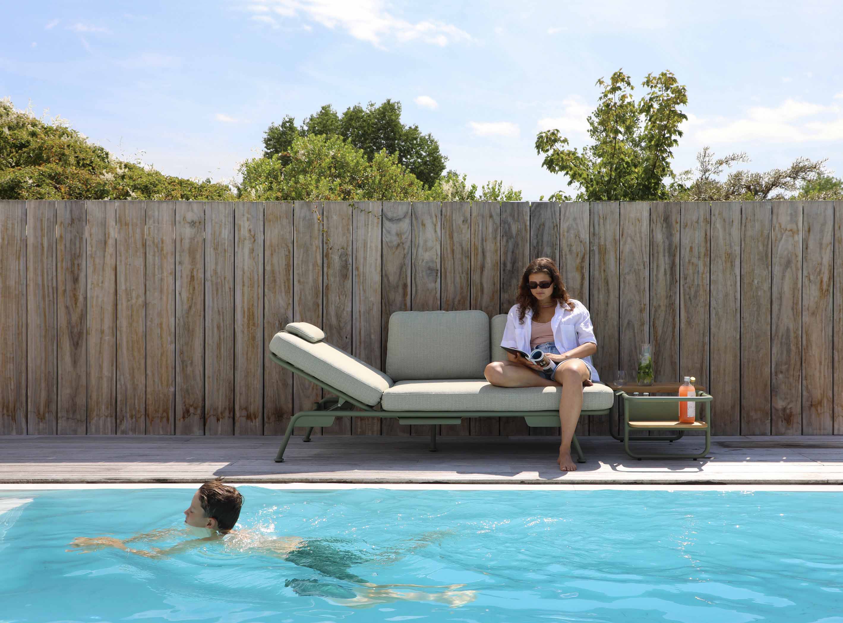 Salon de jardin / bain de soleil modulable en aluminium vert - SUNNY