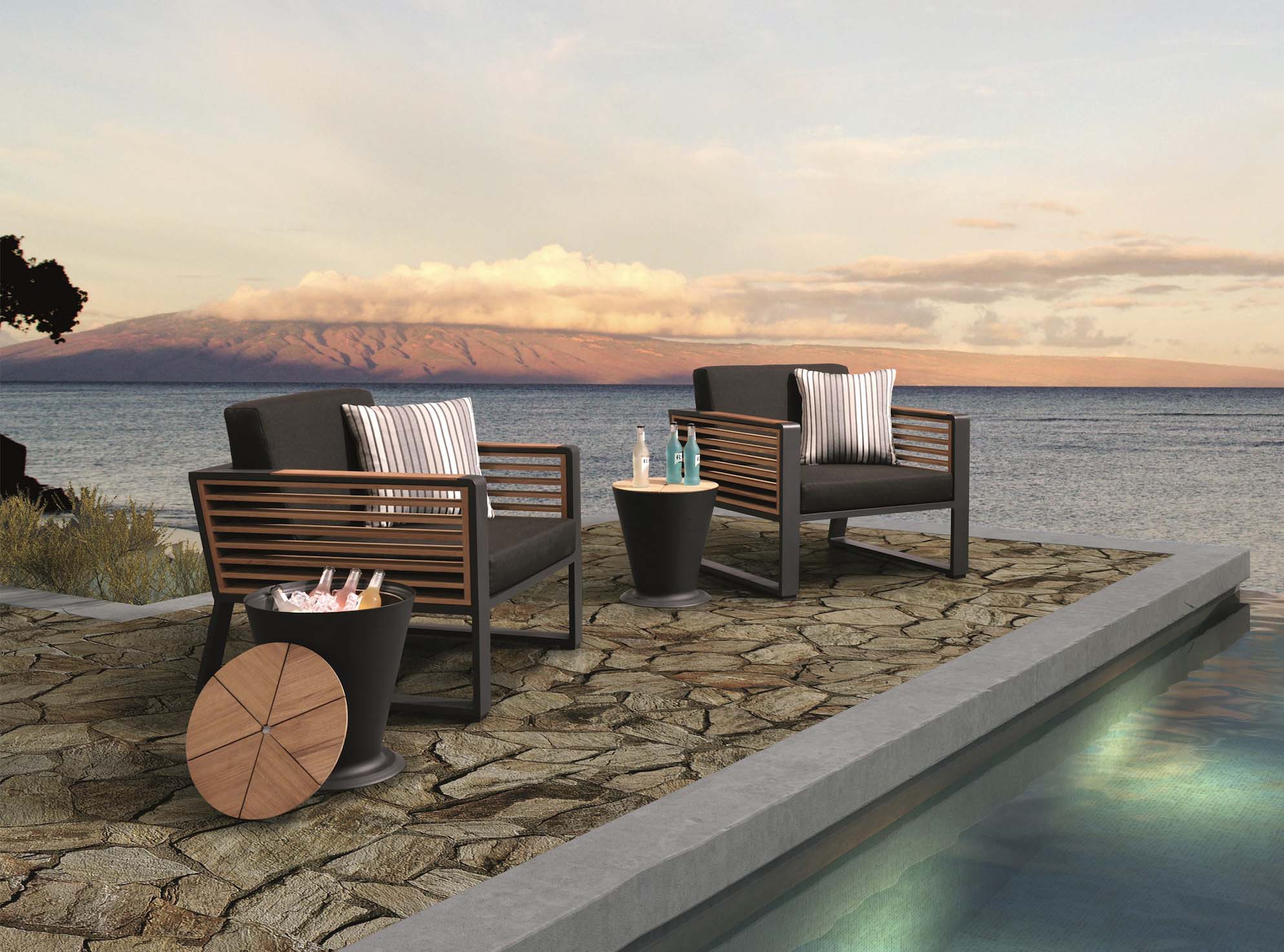 Lot de 2 fauteuils luxe en aluminium avec accoudoirs en Teck FSC et tissu 100% Oléfine, coussins déhoussables et déperlants