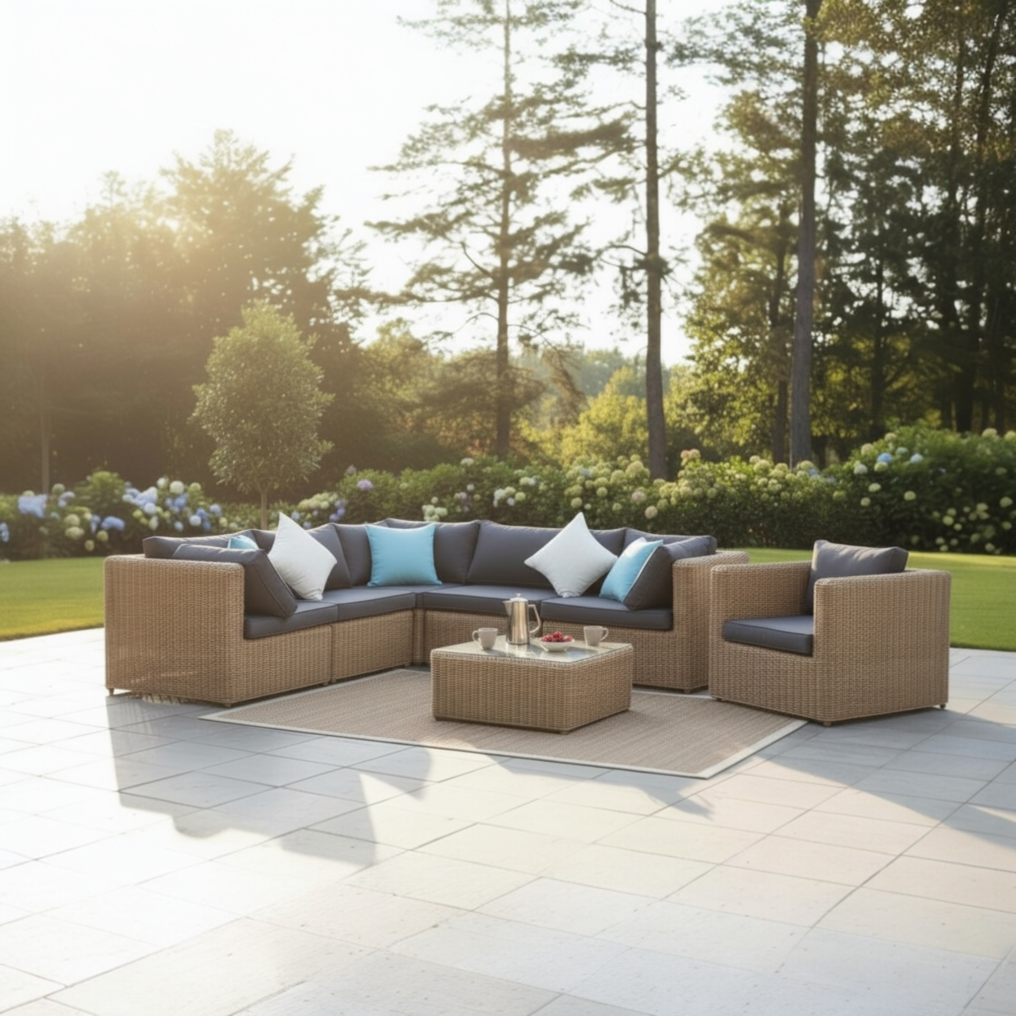 Salon de jardin modulable 6 places en résine tressée ronde couleur osier, coussins déhoussables déperlants gris anthracite,.