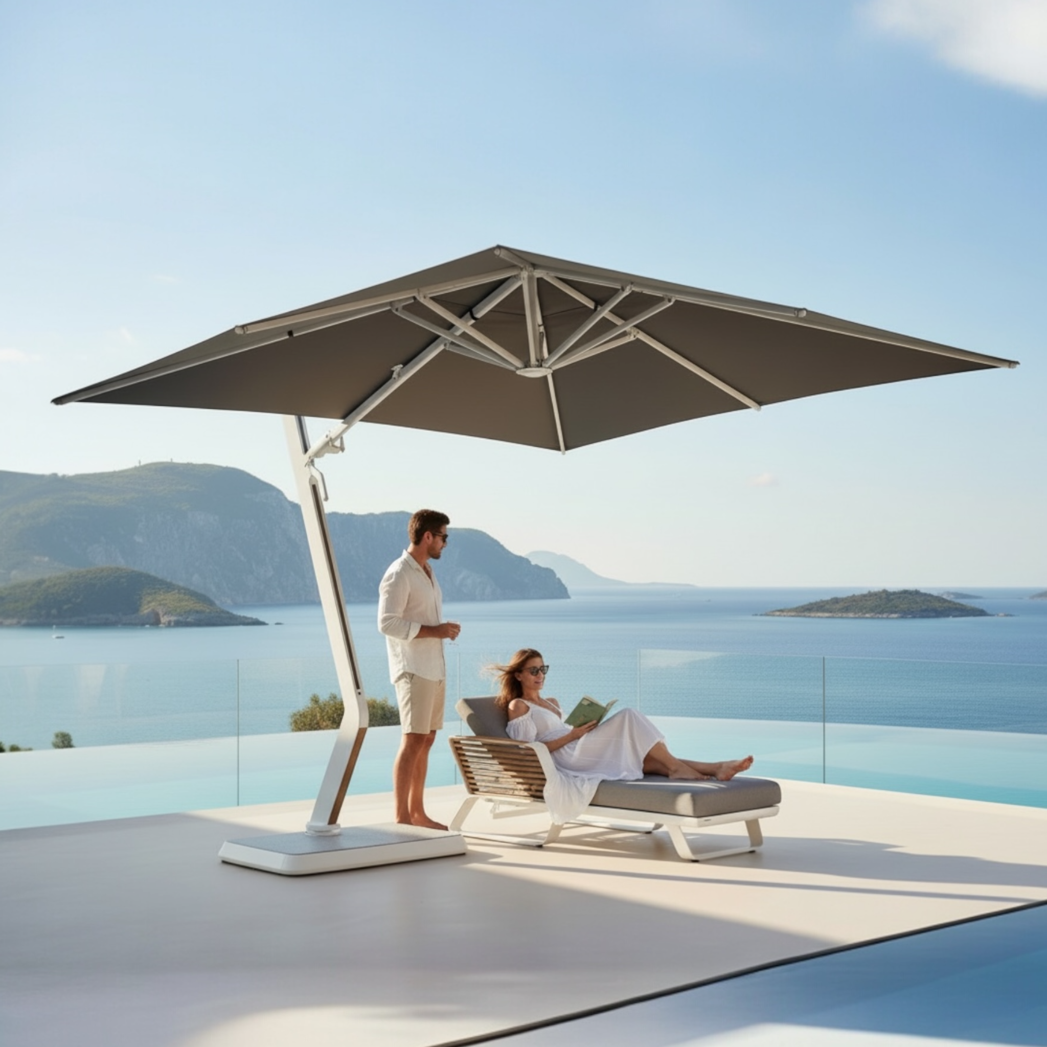 Parasol déporté AILY 3x3m design Pininfarina avec structure aluminium blanc et toile Sunbrella gris, rotation 360° et base marbre.