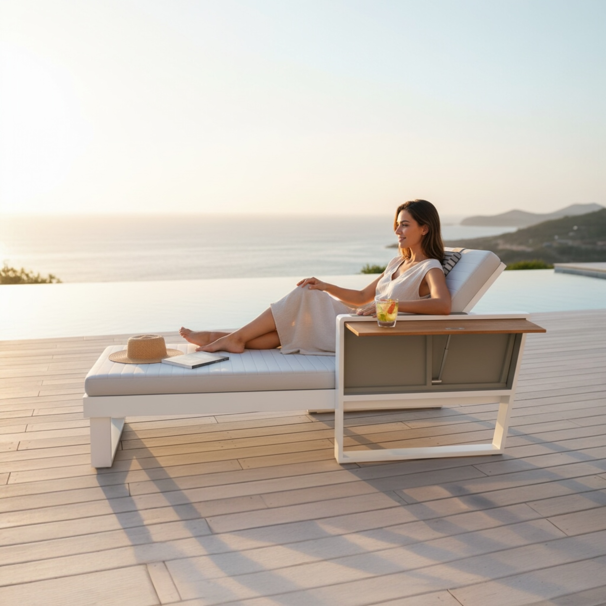 Duo Bain de soleil design en teck et metal haute de qualité York blanc