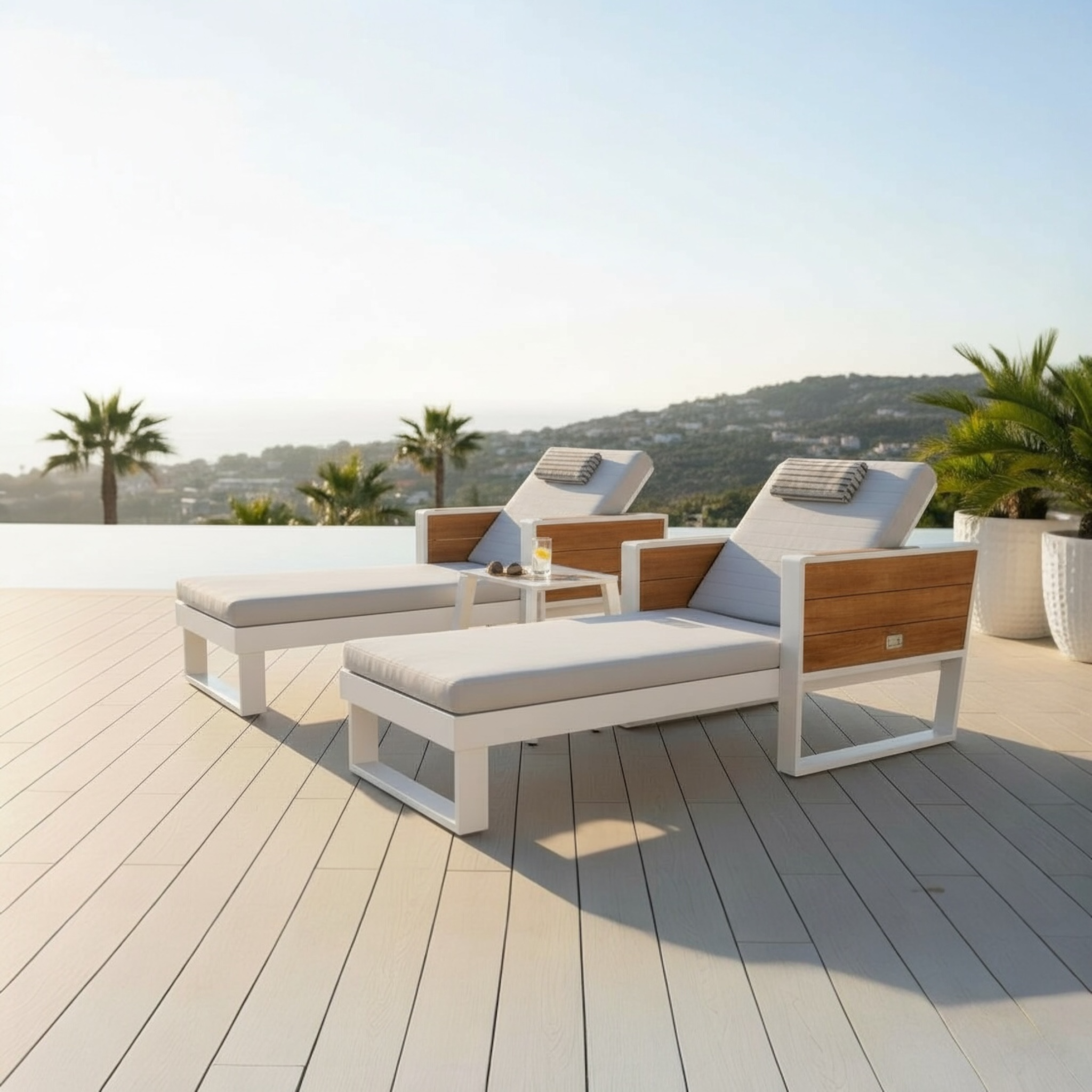 Duo lit de piscine design en métal avec coussin York blanc