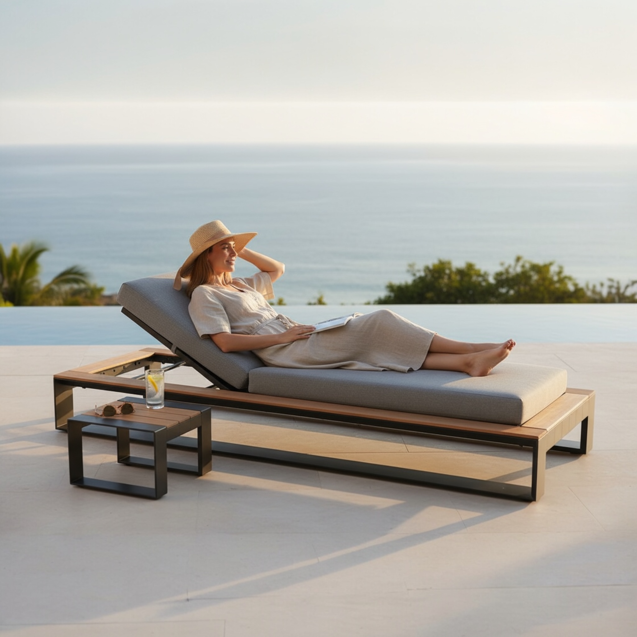 Bain de soleil haut de gamme en aluminium et en teck - SOFY