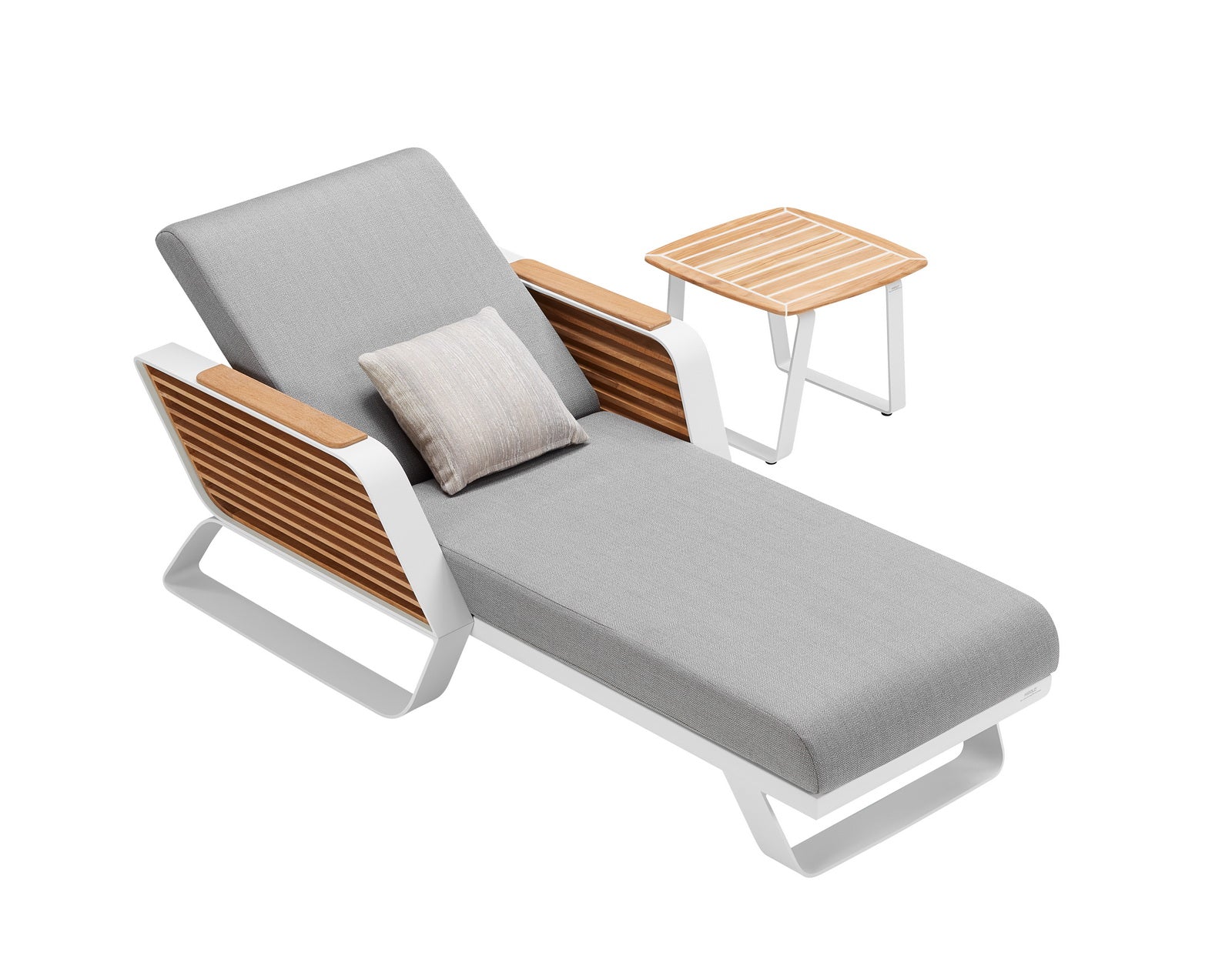 Bain de soleil haut de gamme en aluminium blanc 8 mm et teck FSC, dossier réglable, coussin gris clair en acrylique, design.