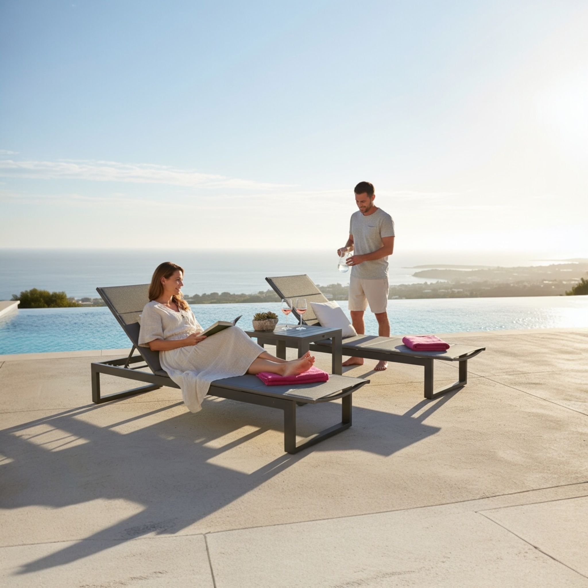 Duo de bains de soleil en aluminium + table basse - COMO Noir