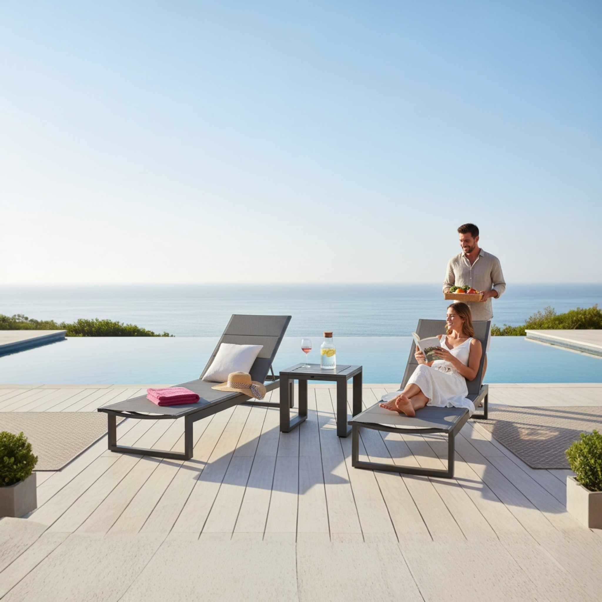 Duo de bains de soleil en aluminium + table basse - COMO Noir