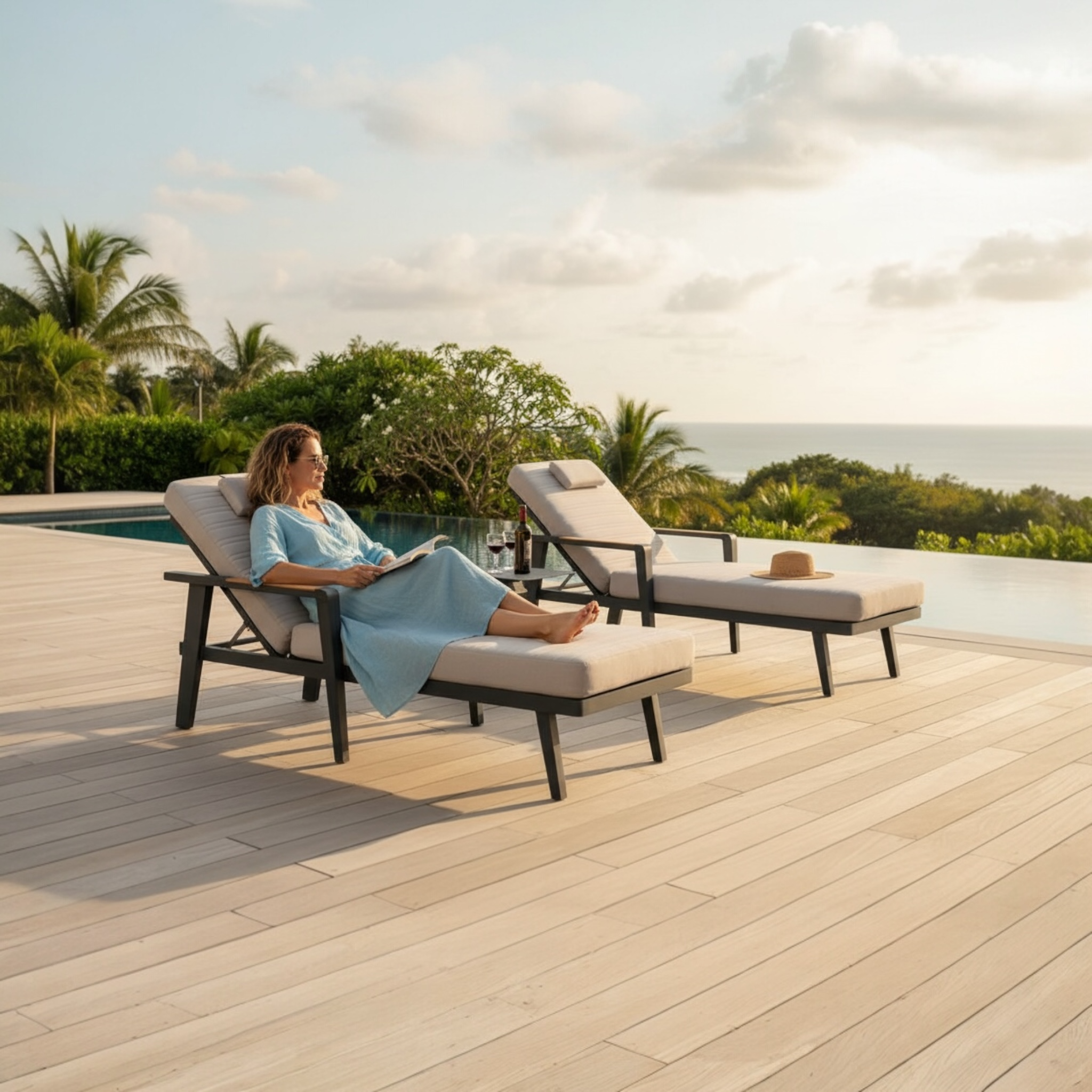 Duo bains de soleil en aluminium haut de gamme et teck FSC, coussins beige en tissu oléfine avec housse déperlante.