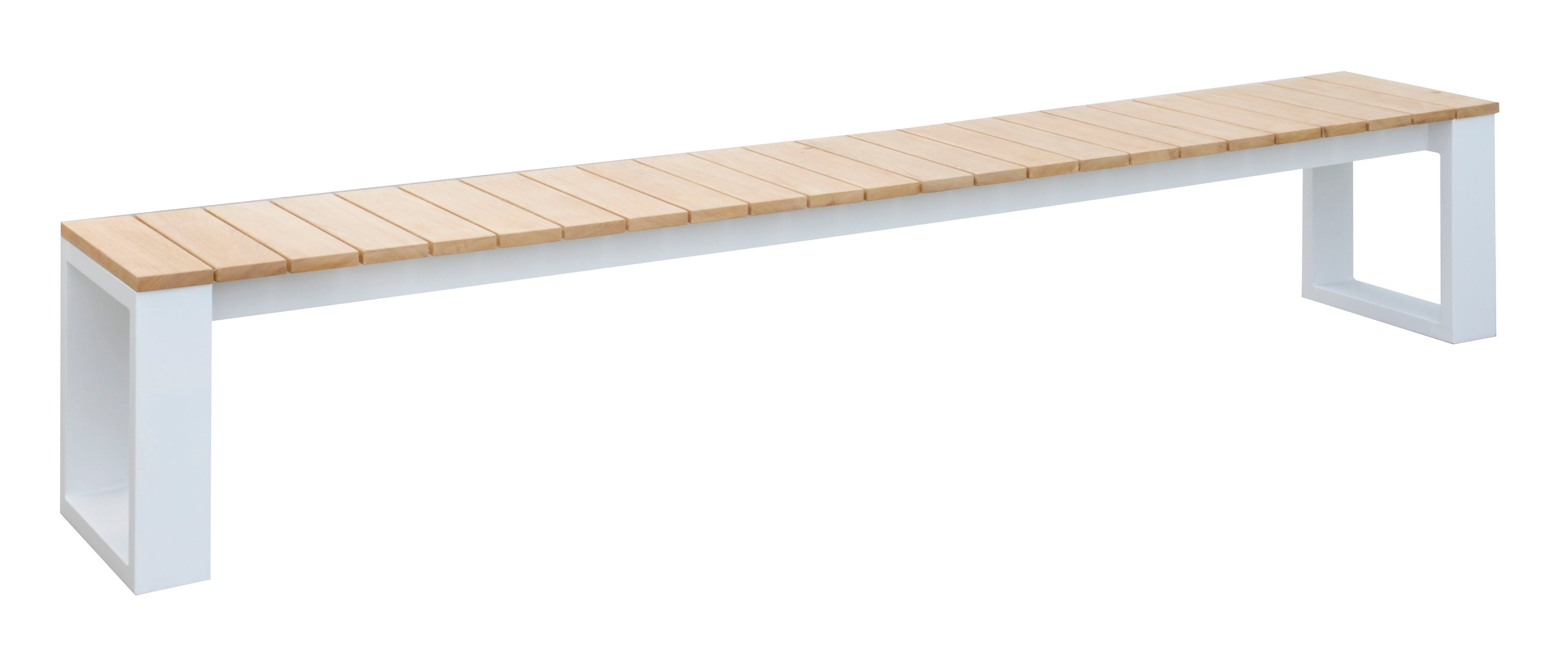 Banc de jardin longue de 240 cm en aluminium haut de gamme blanc mat, assise en teck FSC naturel avec finition lisse, design.