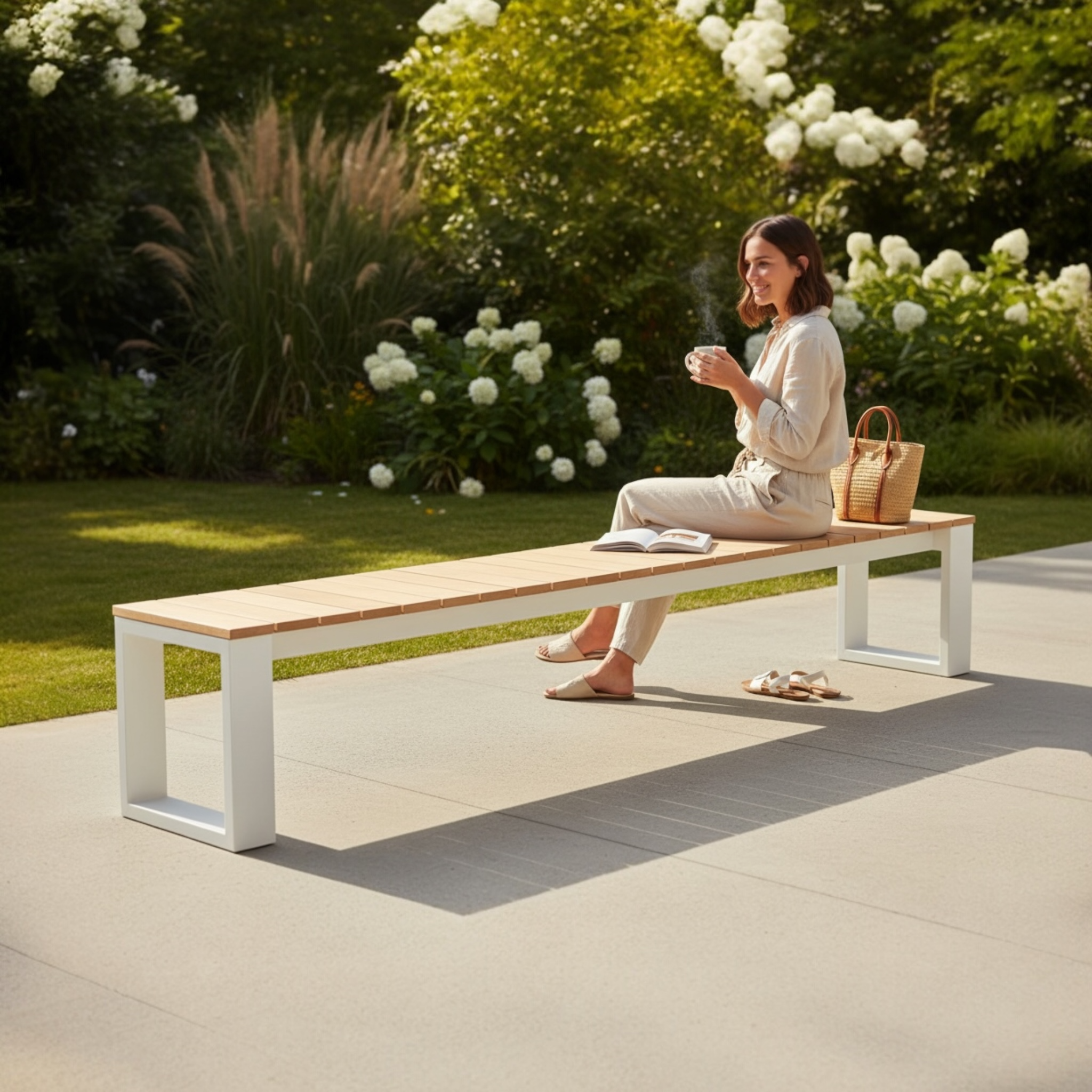 Banc de jardin 240 cm en aluminium haut de gamme blanc mat, assise en teck FSC clair, design épuré et élégant, tissu oléfine.