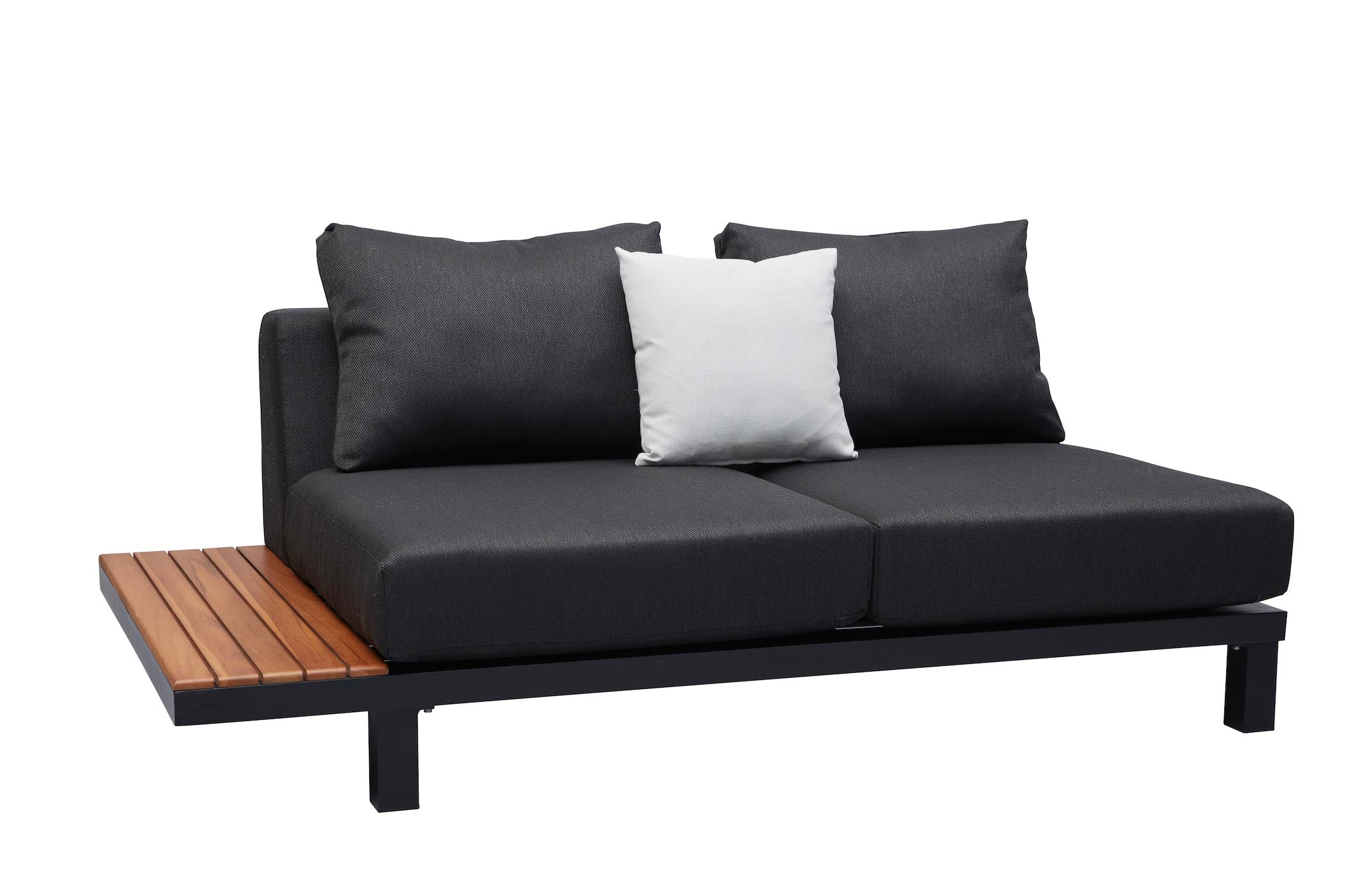 Canapé lounge noir en aluminium design avec accoudoir en teck FSC, coussins luxe en tissu oléfine 100% polypropylène, style.