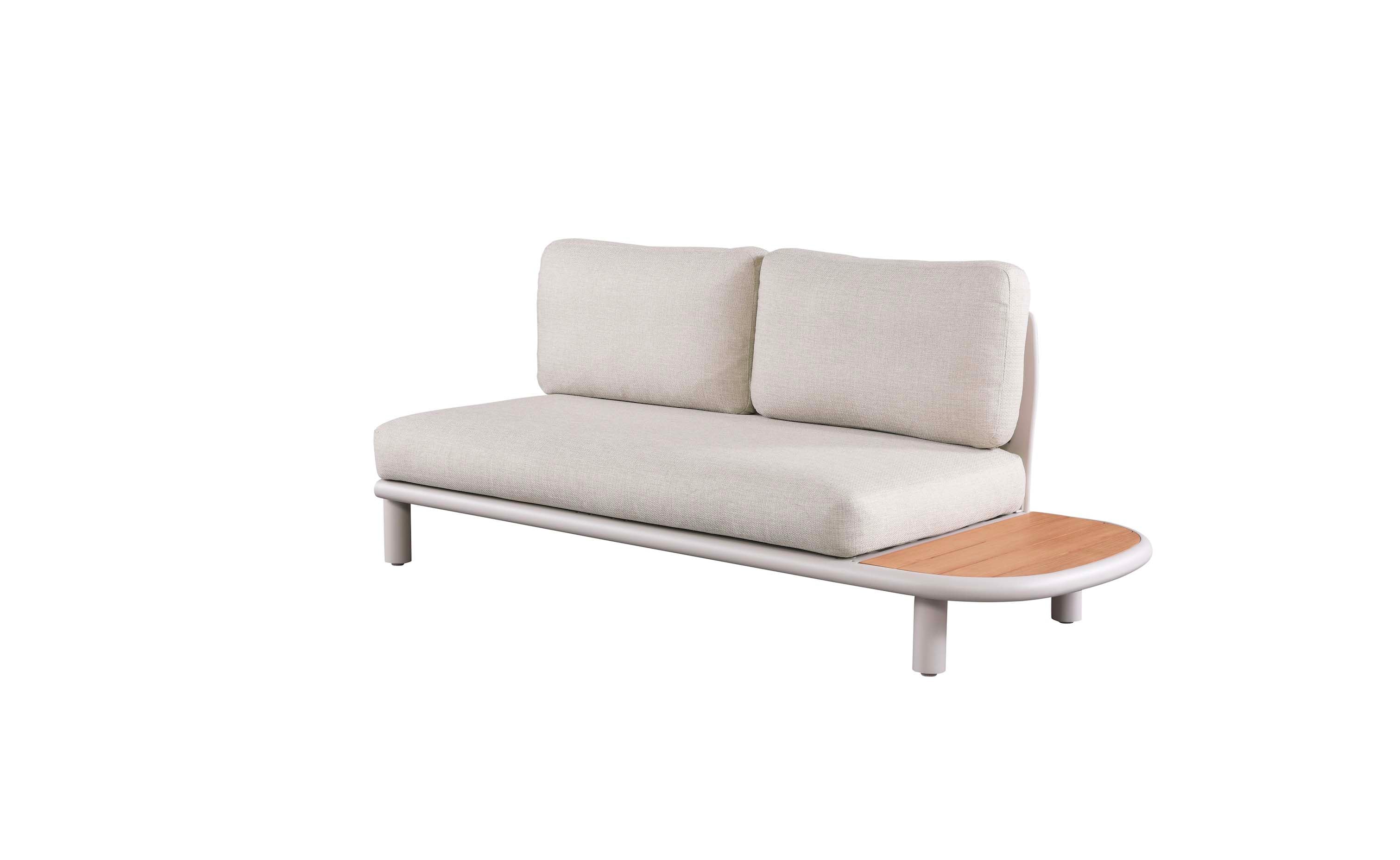 Banquette d'angle en aluminium haut de gamme avec peinture époxy beige, assise et dossiers épais, tablette en teck FSC.