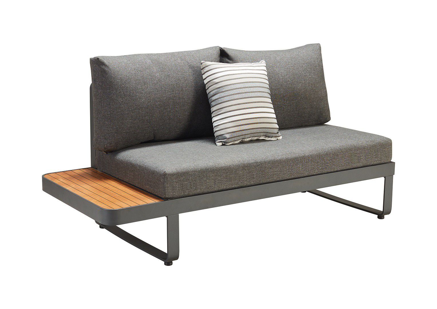 Canapé d'angle compact en aluminium haut de gamme avec peinture époxy gris foncé, assise et dossier coussinés élégants.