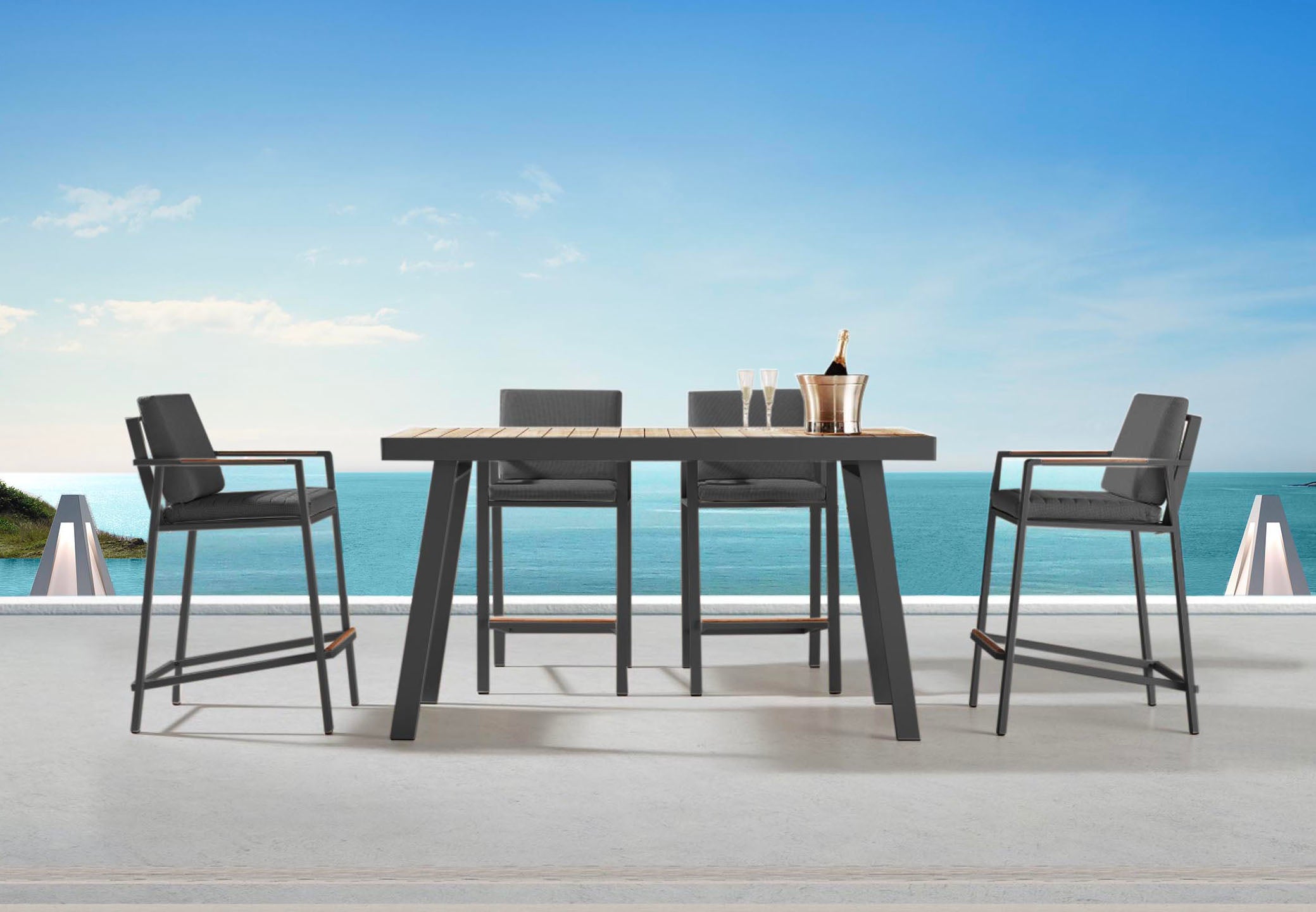 Bar de jardin en aluminium haut de gamme noir avec plateau en teck FSC, design luxe méditerranéen élégant, quatre fauteuils.