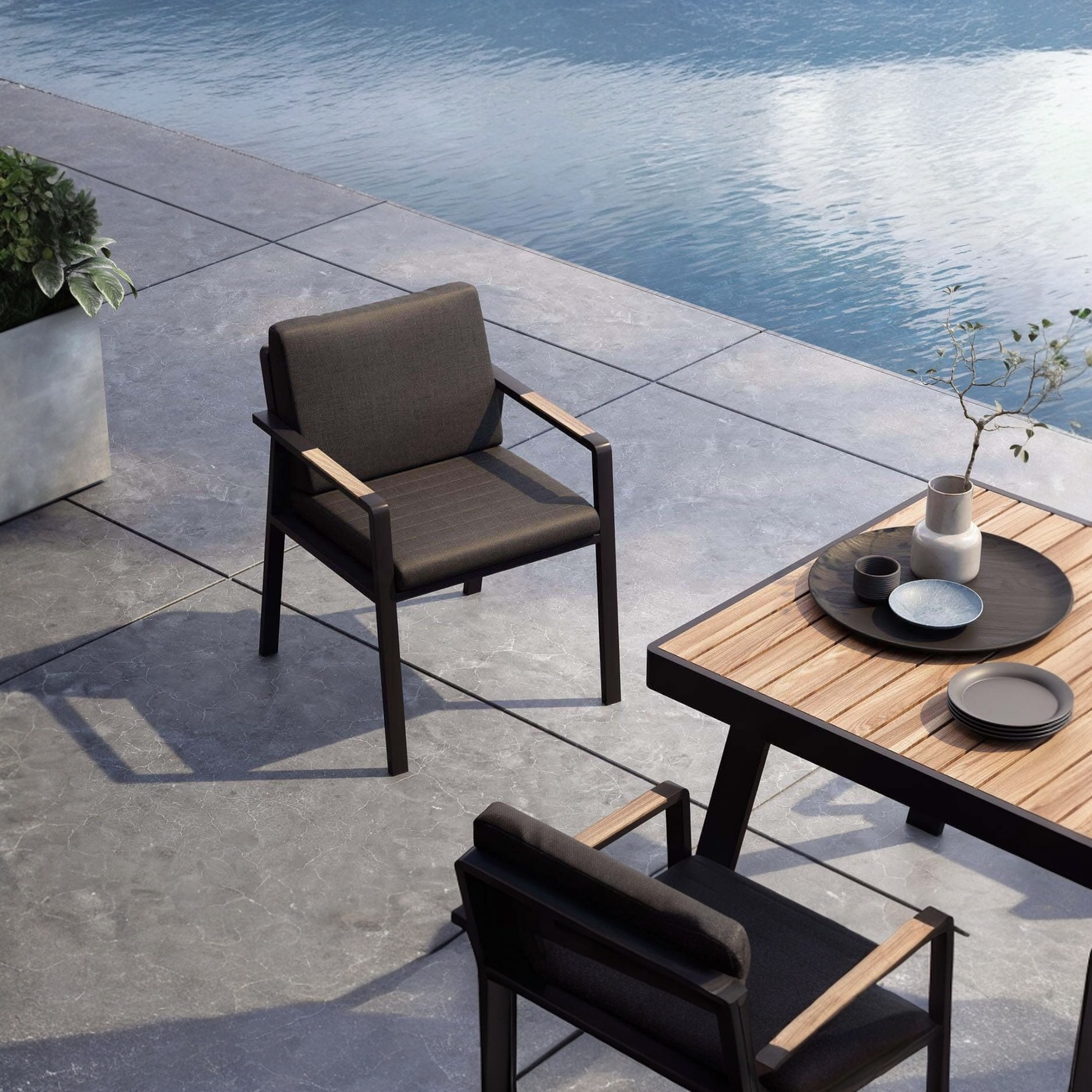 Fauteuil de repas extérieur aluminium et teck - NOFFY NOIR