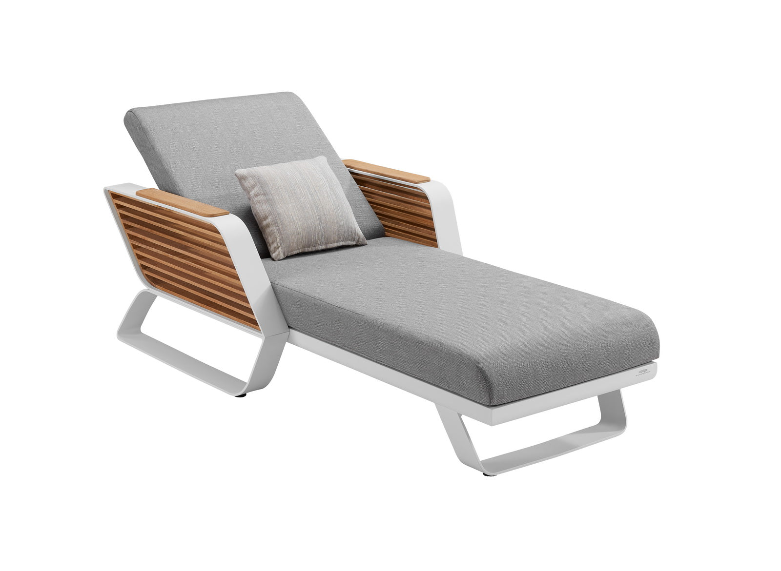 Bain de soleil luxueux en aluminium léger gris avec accenteurs en Teck FSC, coussin gris épais, design italien Pininfarina.