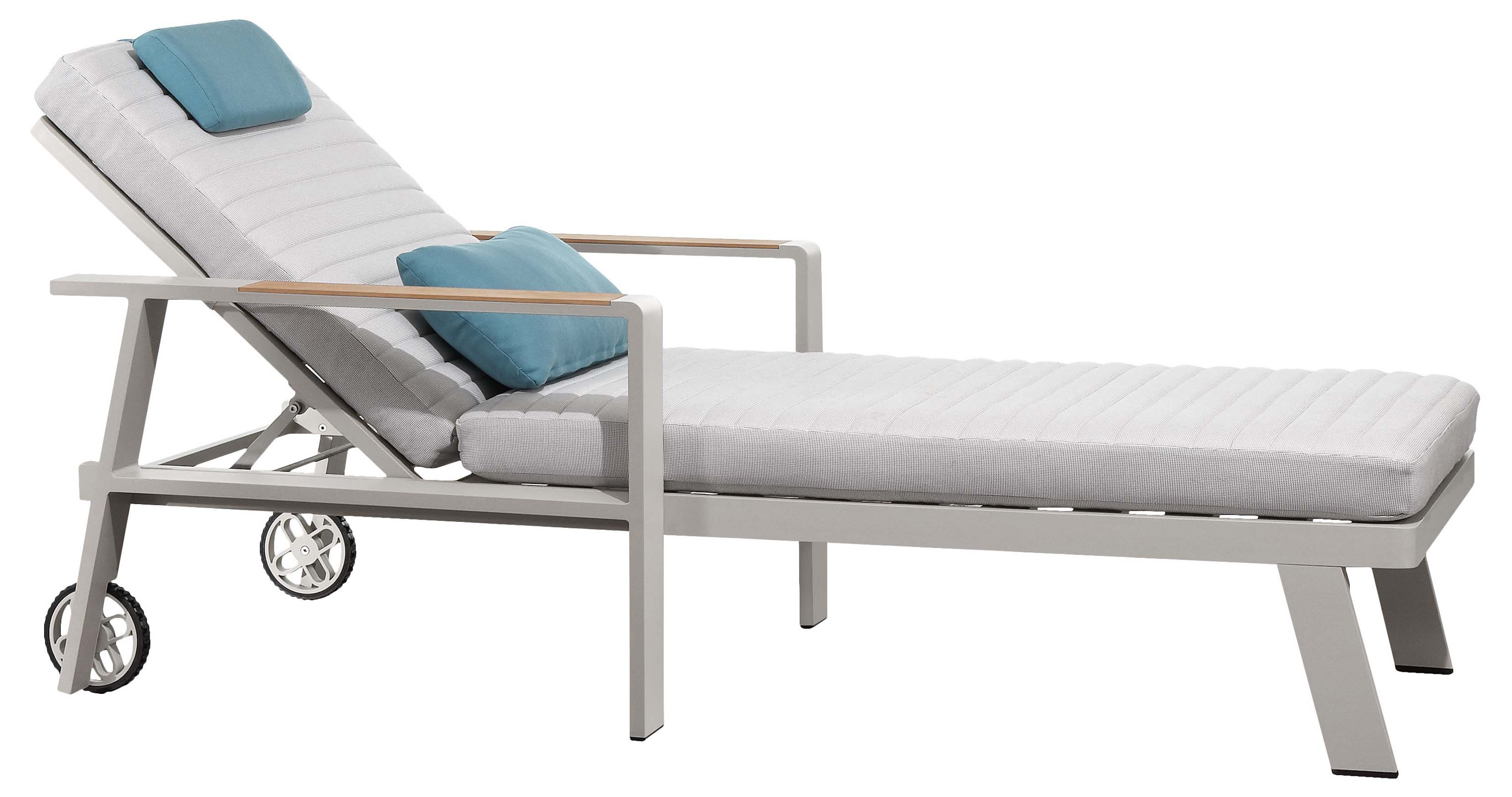 Bain de soleil en aluminium haut de gamme beige avec roulettes, coussin en tissu oléfine déperlant et déhoussable.